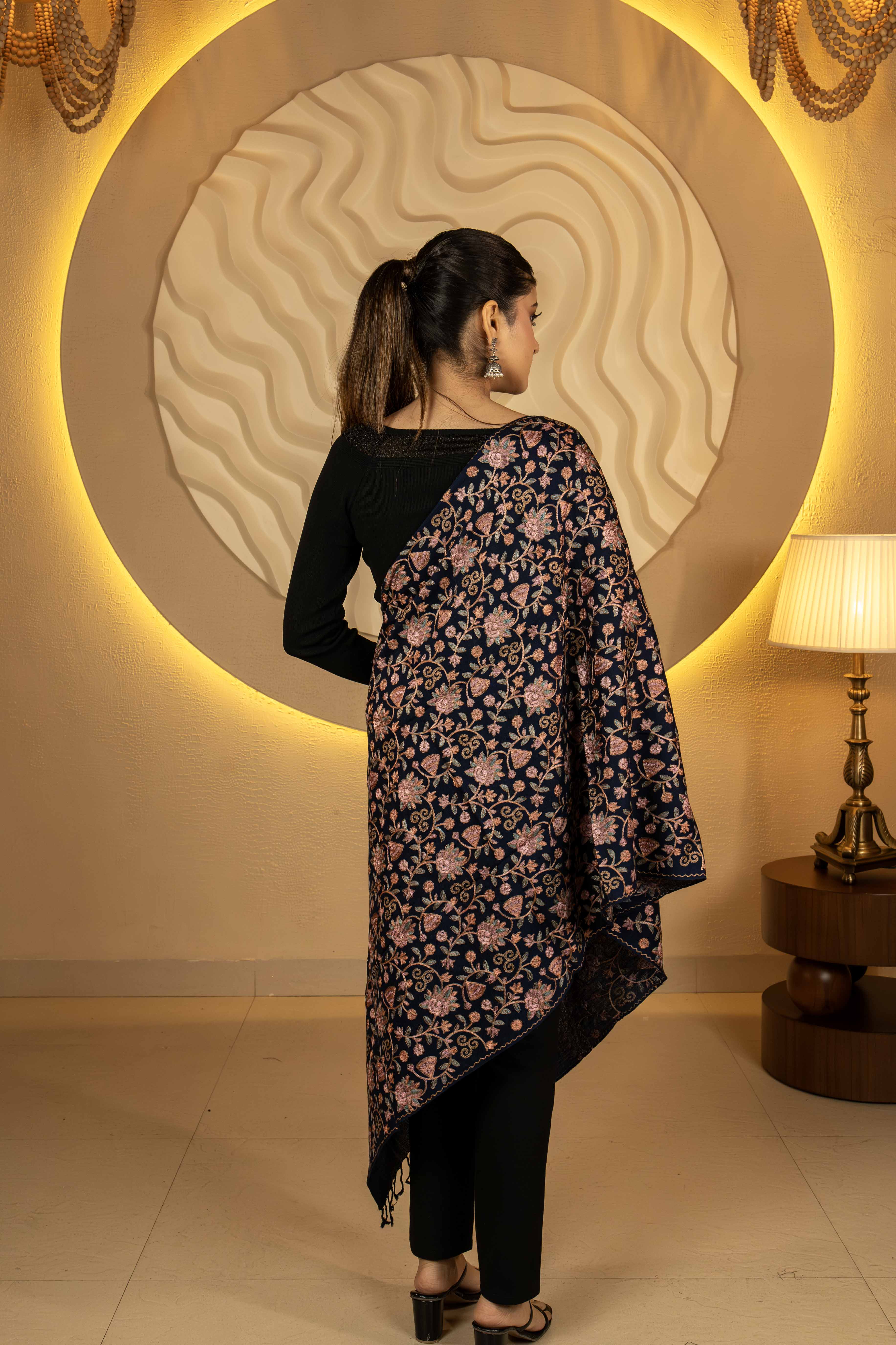 Aari Embroidered Navy Blue Pure Wool Stole For Women