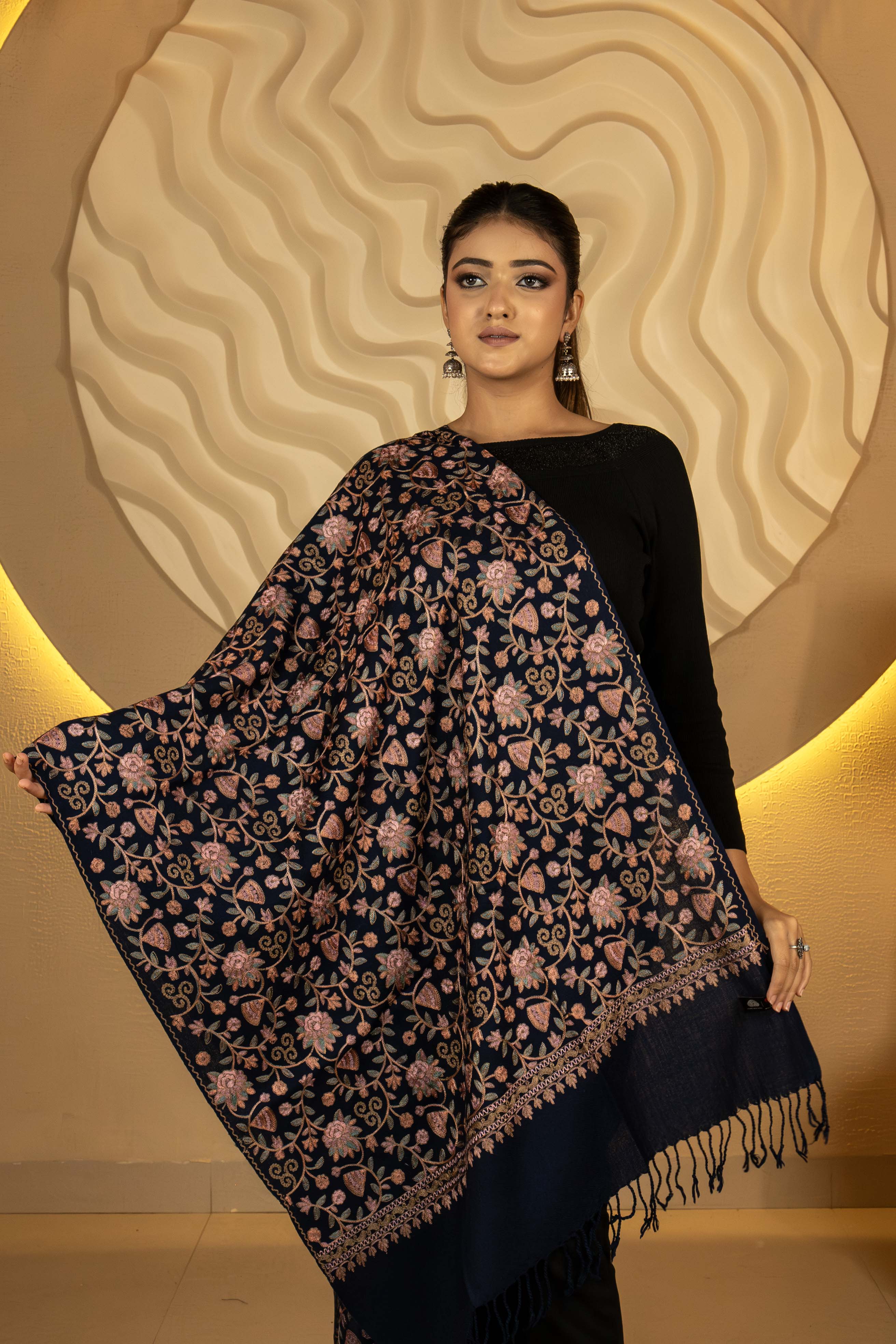 Aari Embroidered Navy Blue Pure Wool Stole For Women