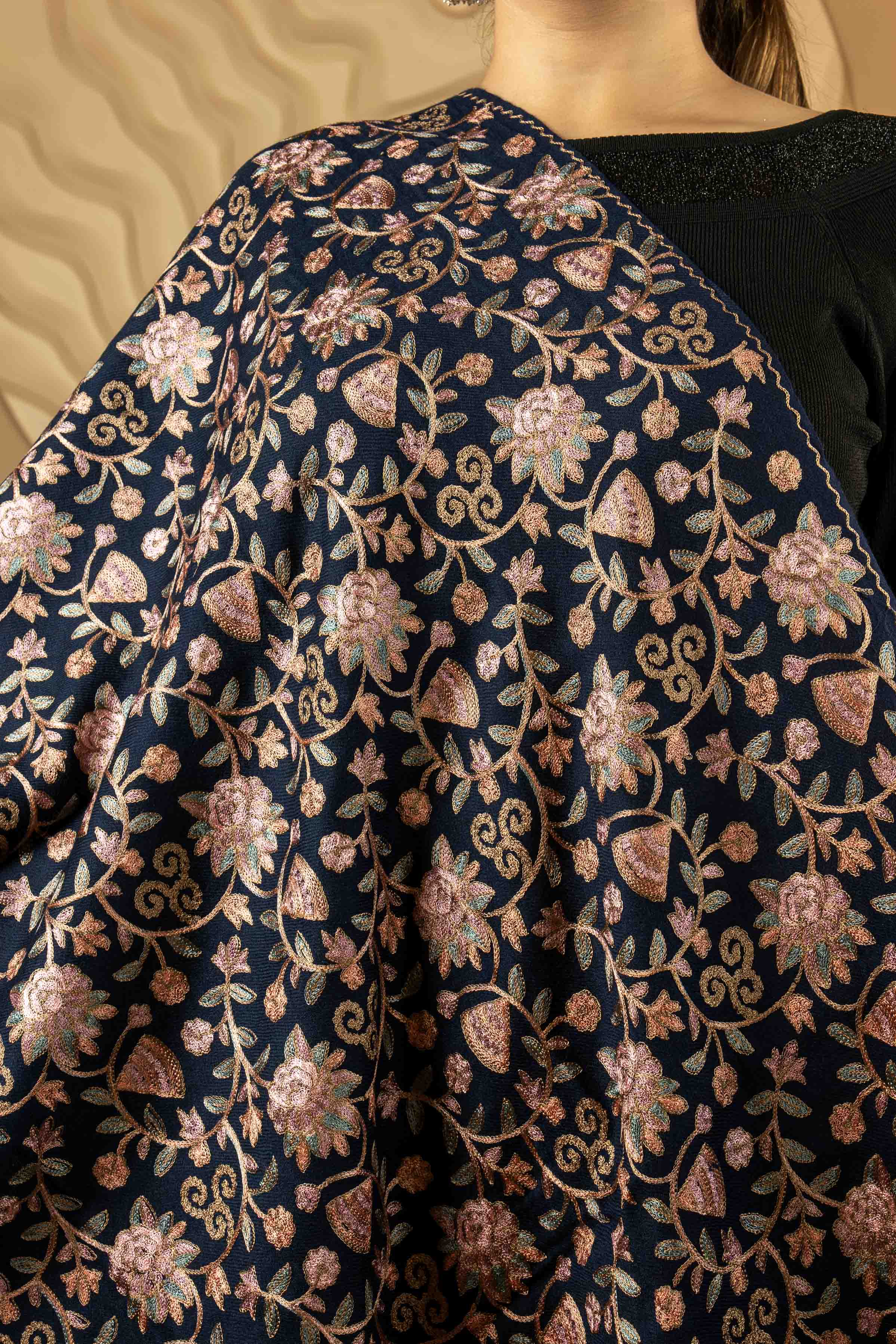 Aari Embroidered Navy Blue Pure Wool Stole For Women