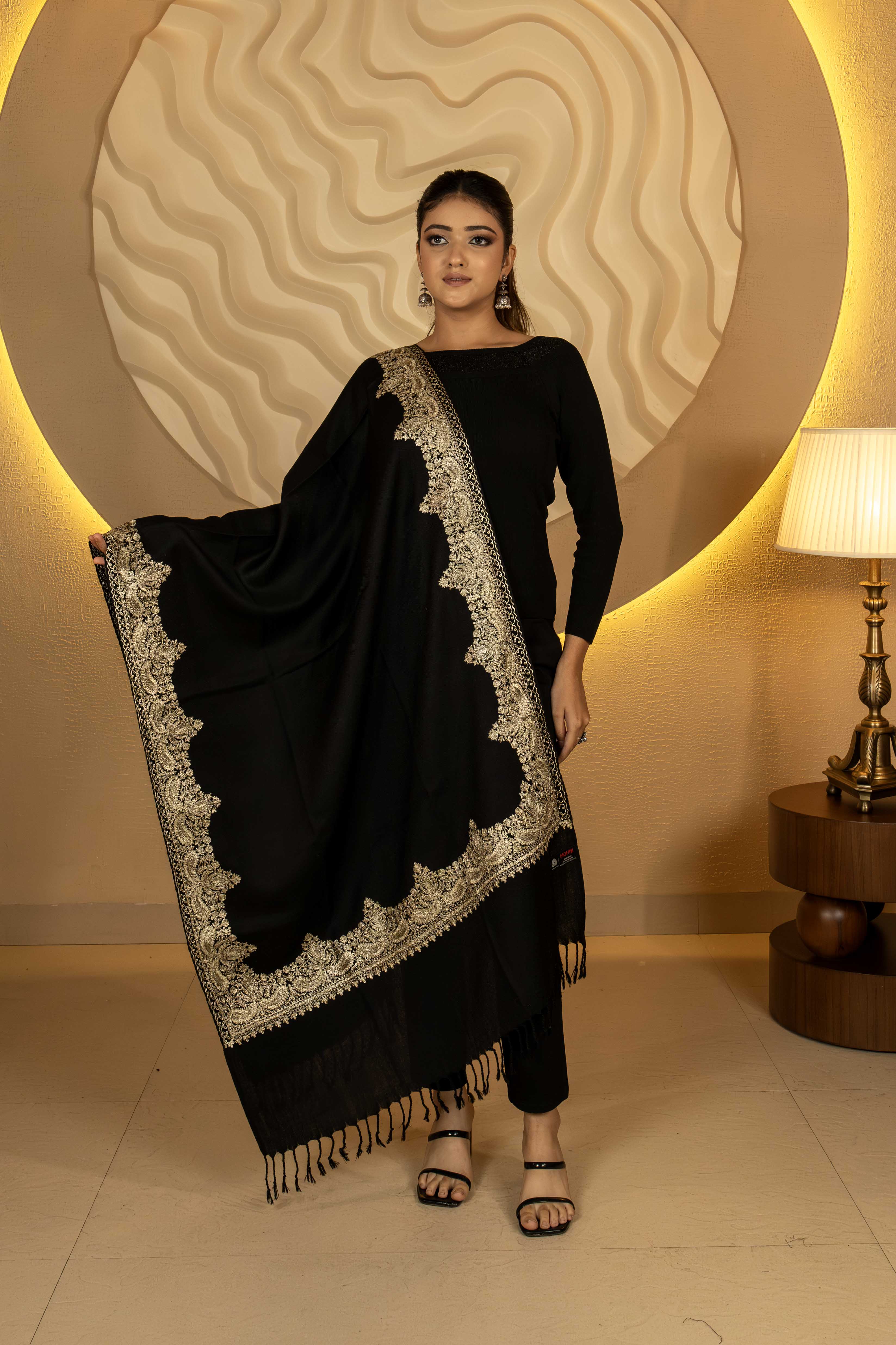 Aari Embroidered Black Pure Wool Stole For Women