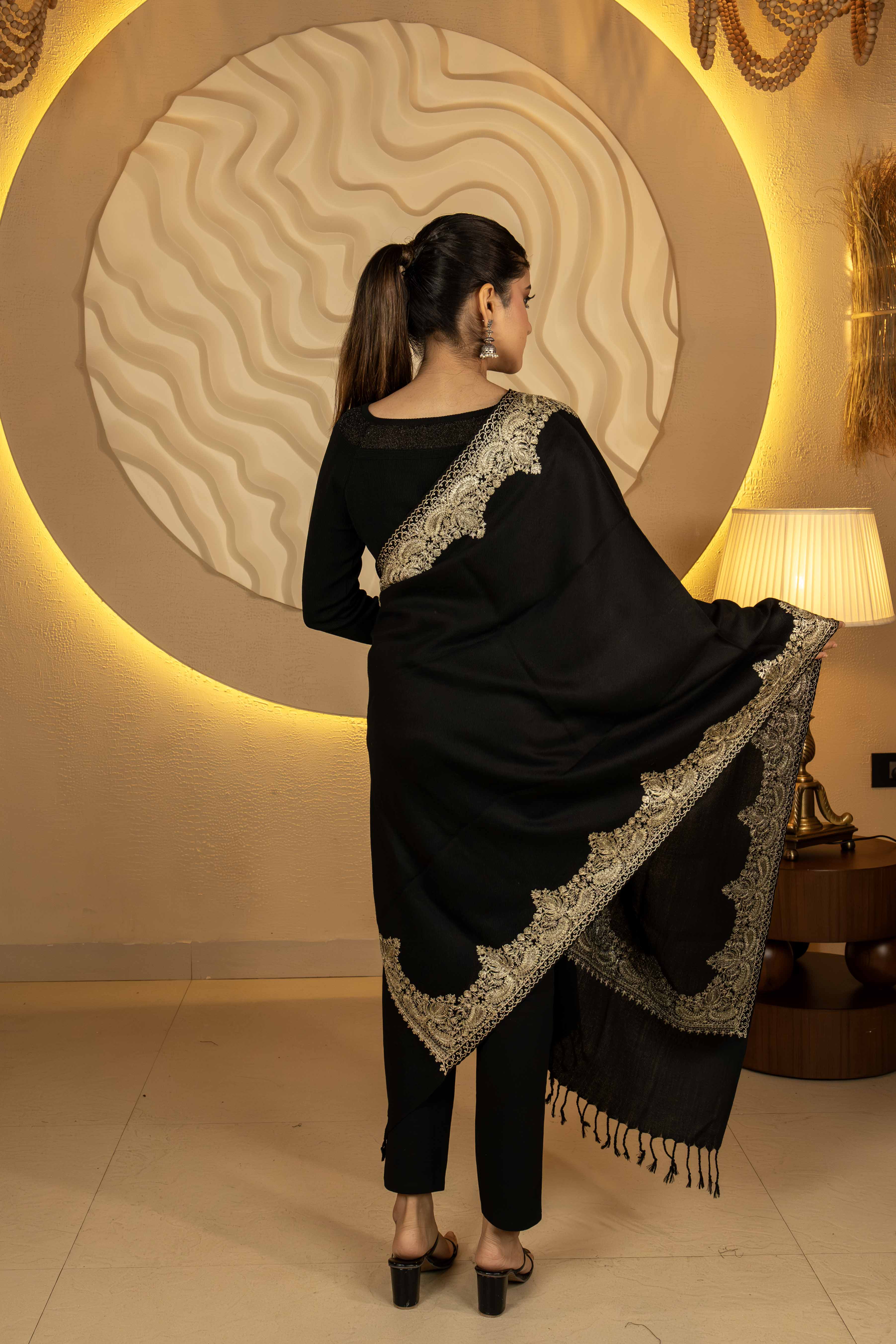 Aari Embroidered Black Pure Wool Stole For Women