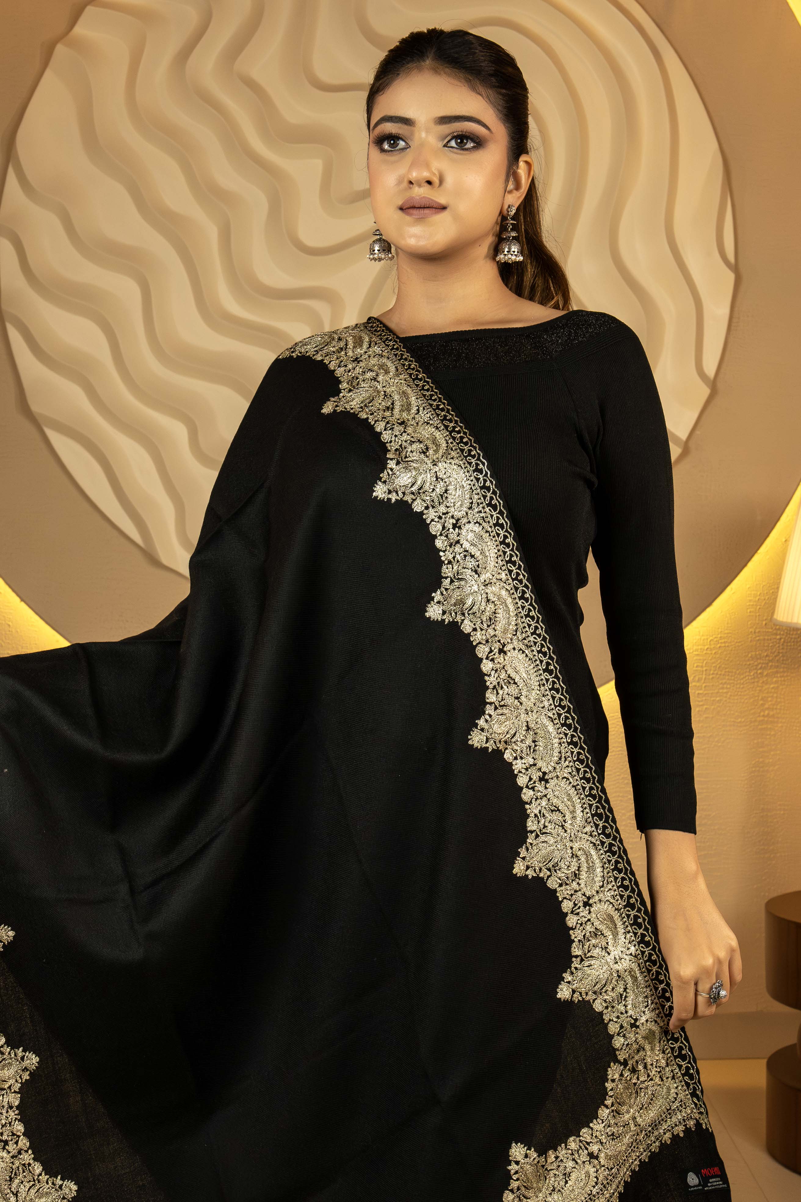 Aari Embroidered Black Pure Wool Stole For Women