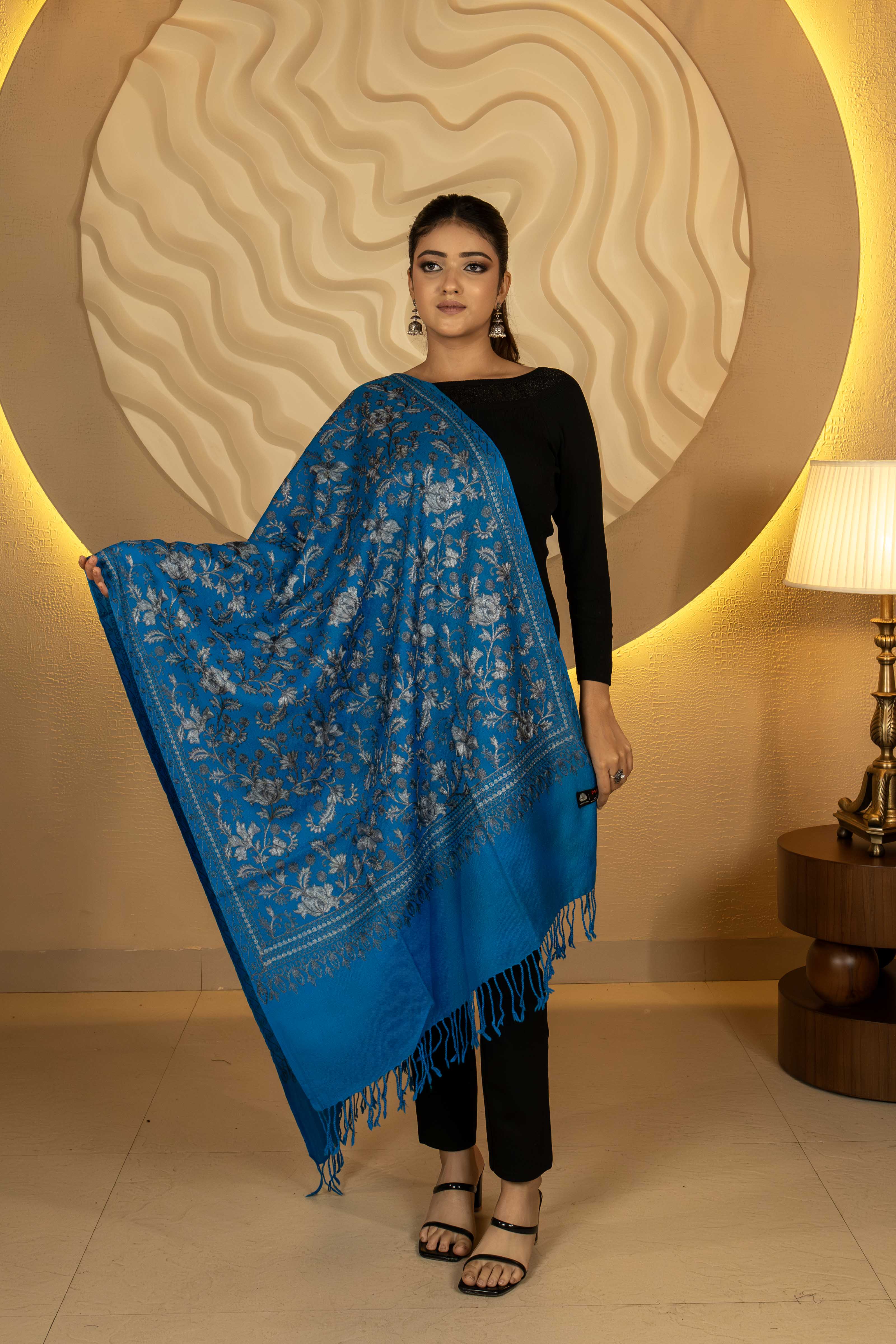Aari Embroidered Blue Pure Wool Stole For Women