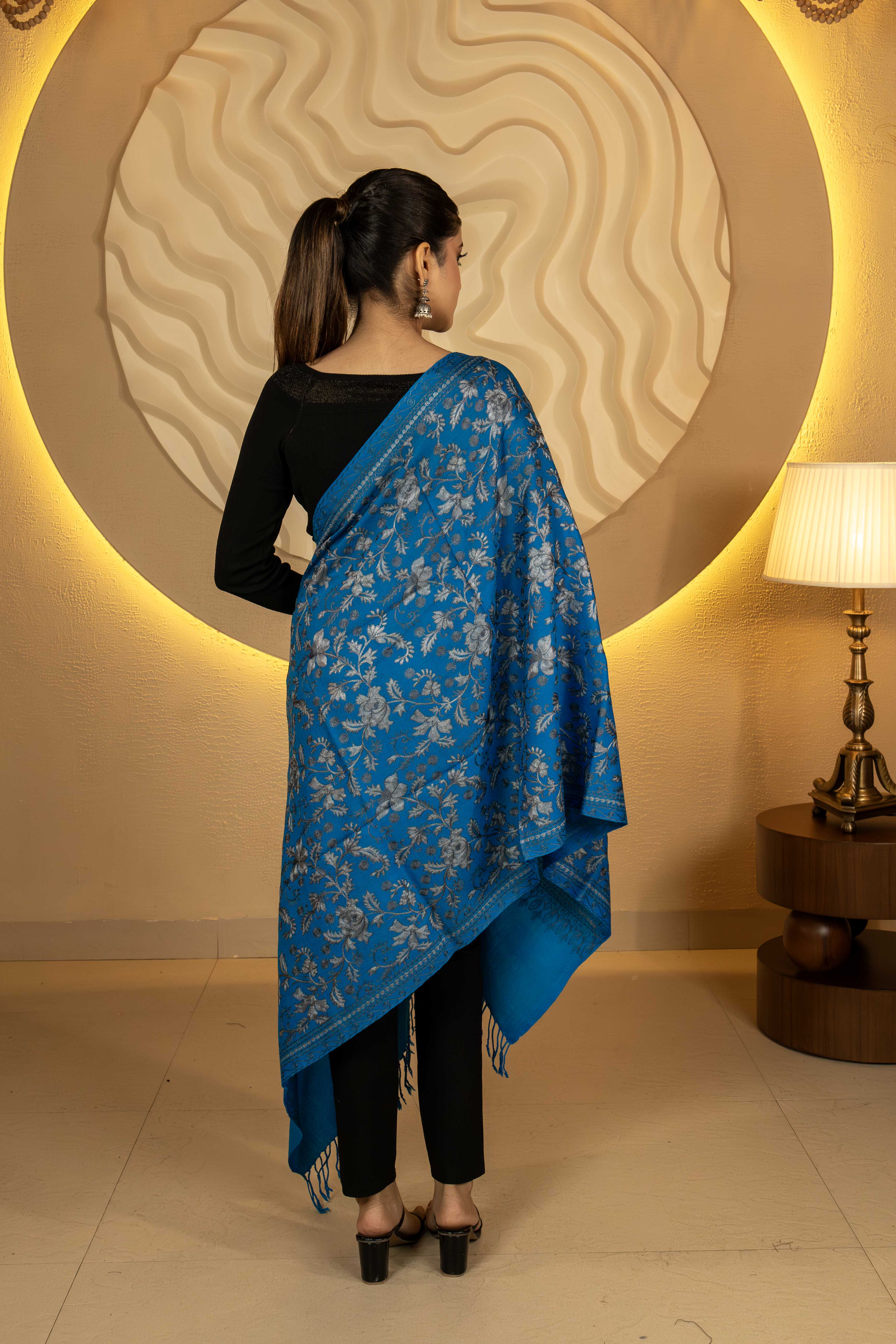 Aari Embroidered Blue Pure Wool Stole For Women
