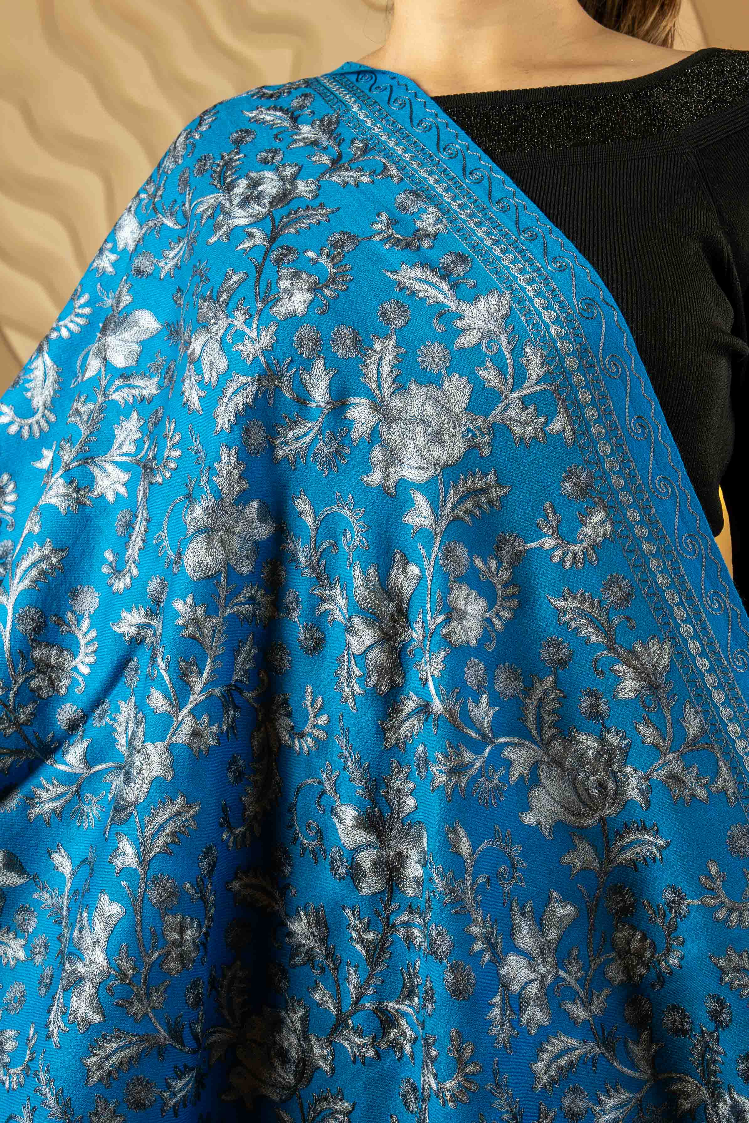 Aari Embroidered Blue Pure Wool Stole For Women
