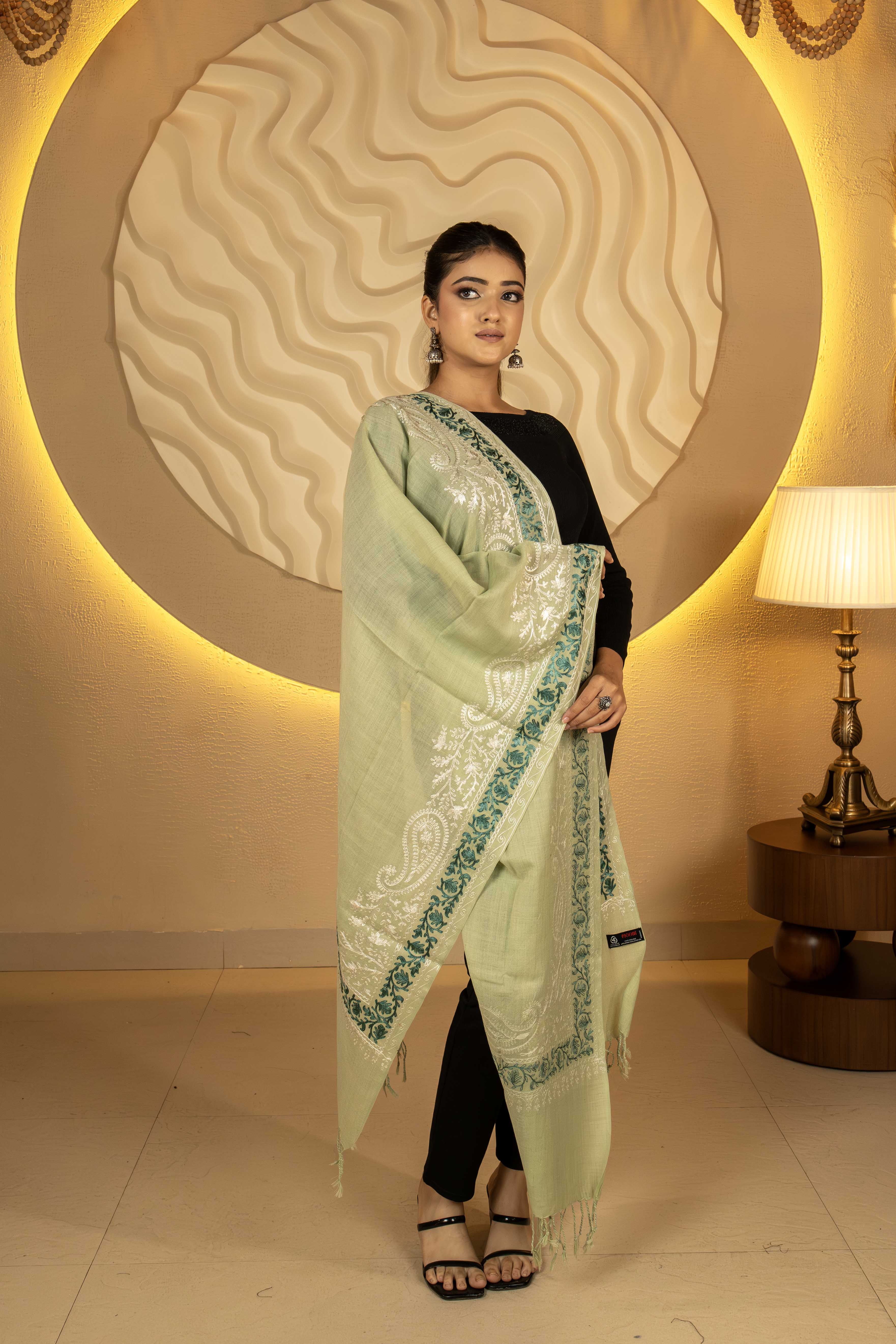 Aari Embroidered Green Poly Wool Stole For Women