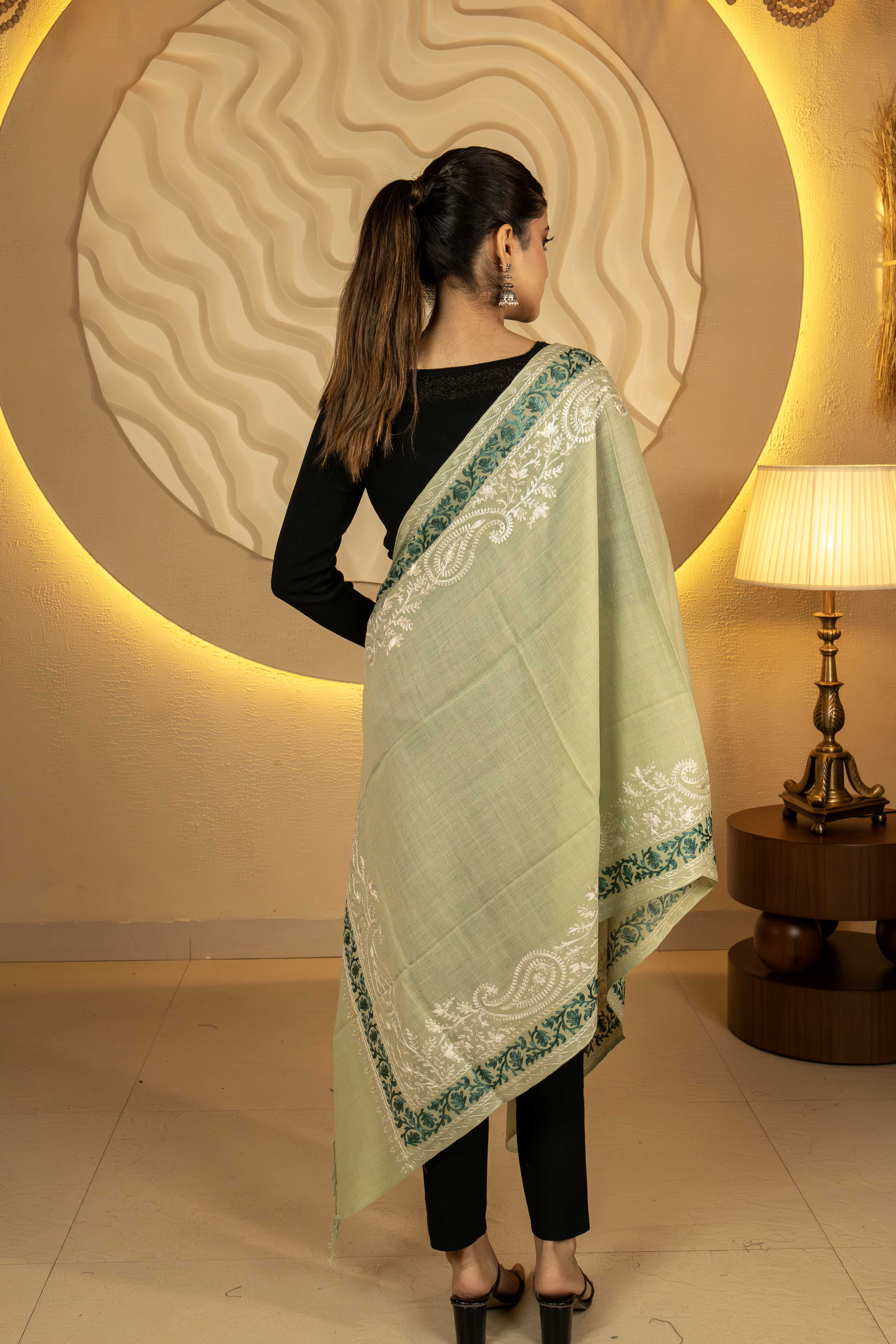 Aari Embroidered Green Poly Wool Stole For Women