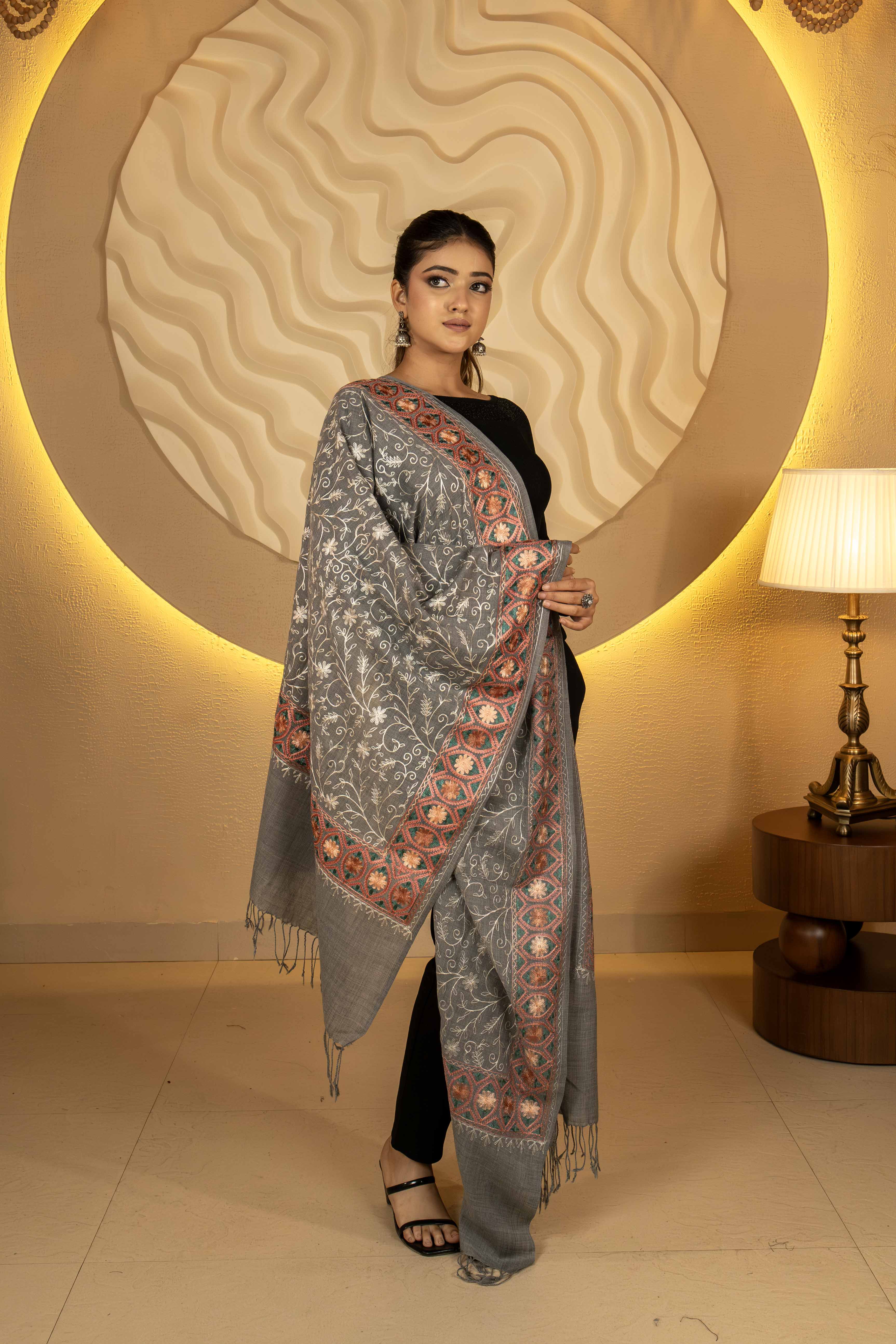 Aari Embroidered Light Grey Poly Wool Stole For Women