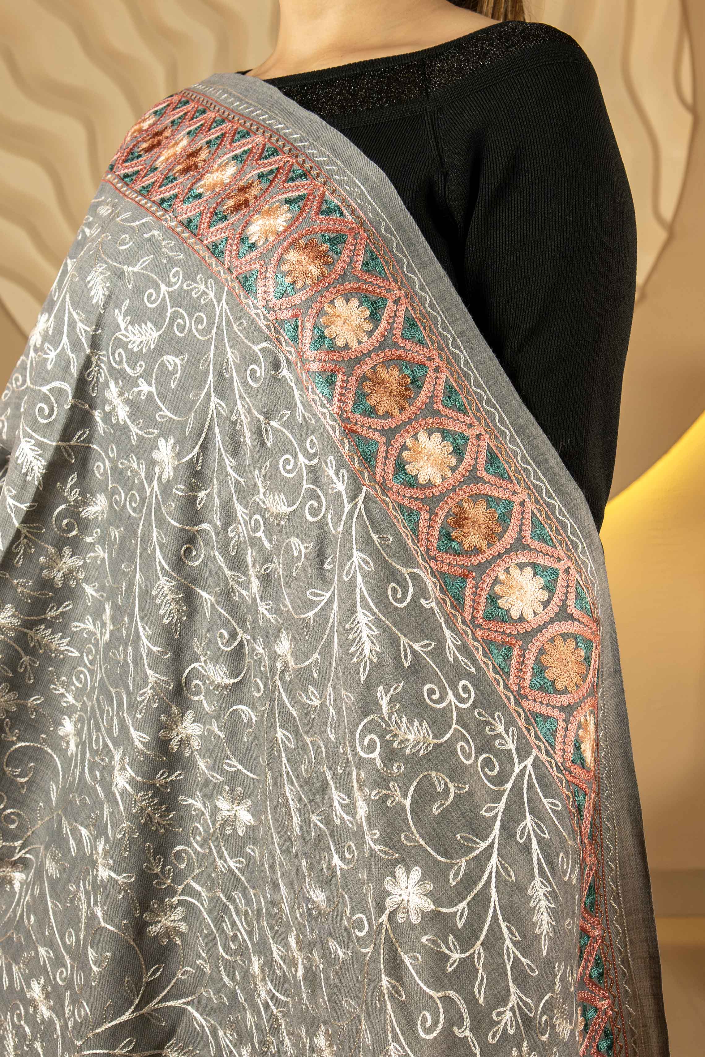 Aari Embroidered Light Grey Poly Wool Stole For Women