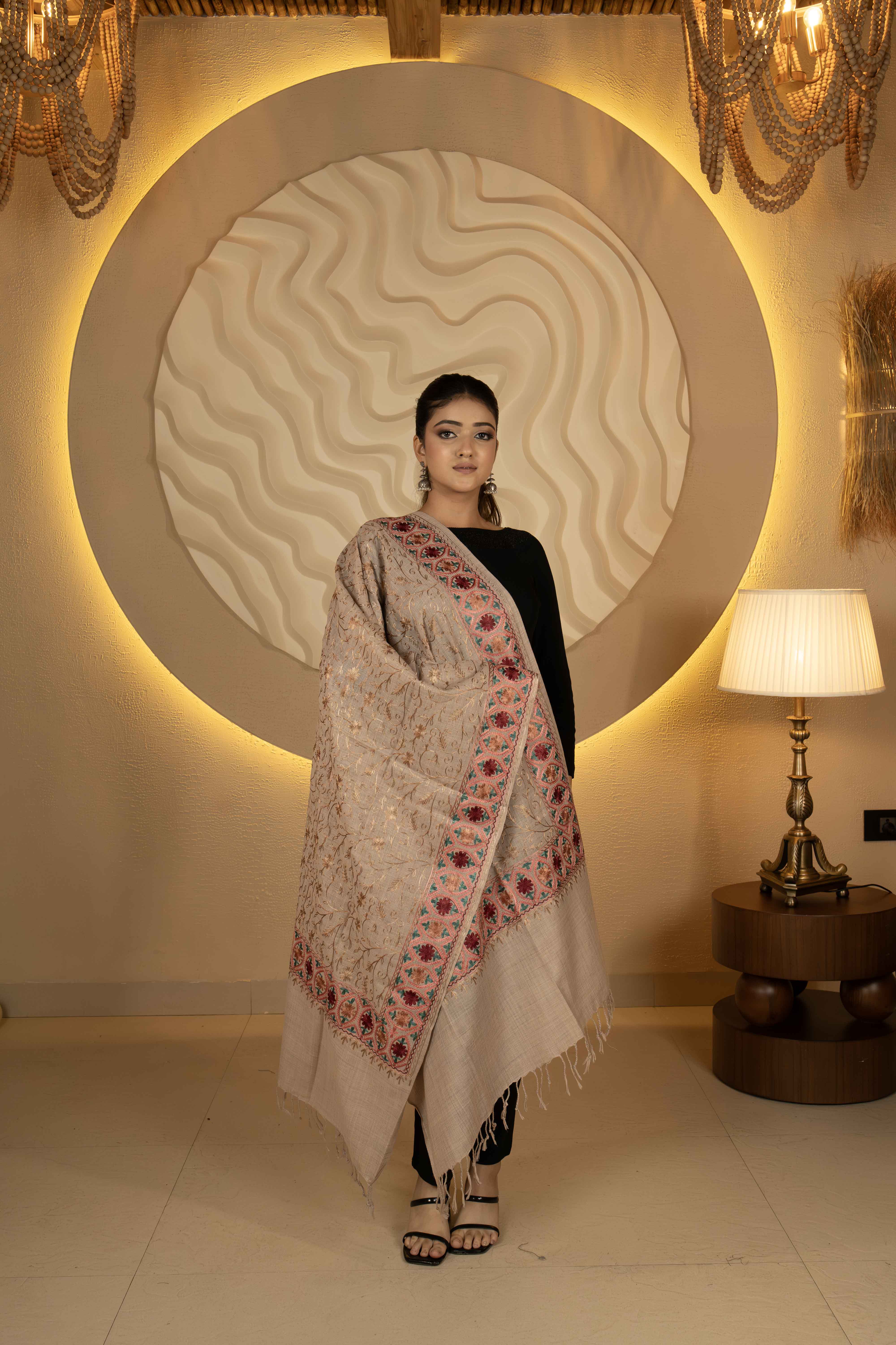 Aari Embroidered Beige Poly Wool Stole For Women