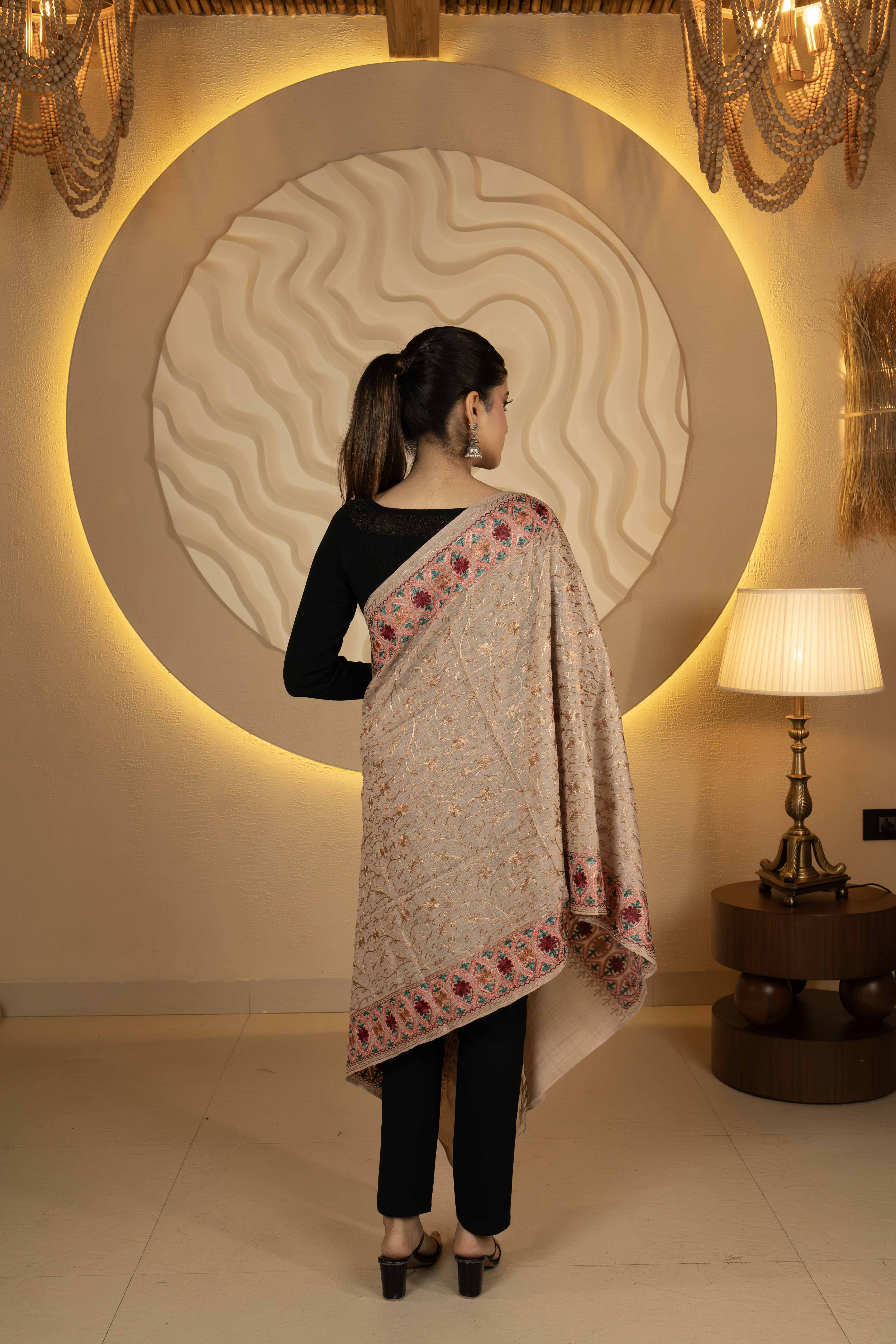 Aari Embroidered Beige Poly Wool Stole For Women