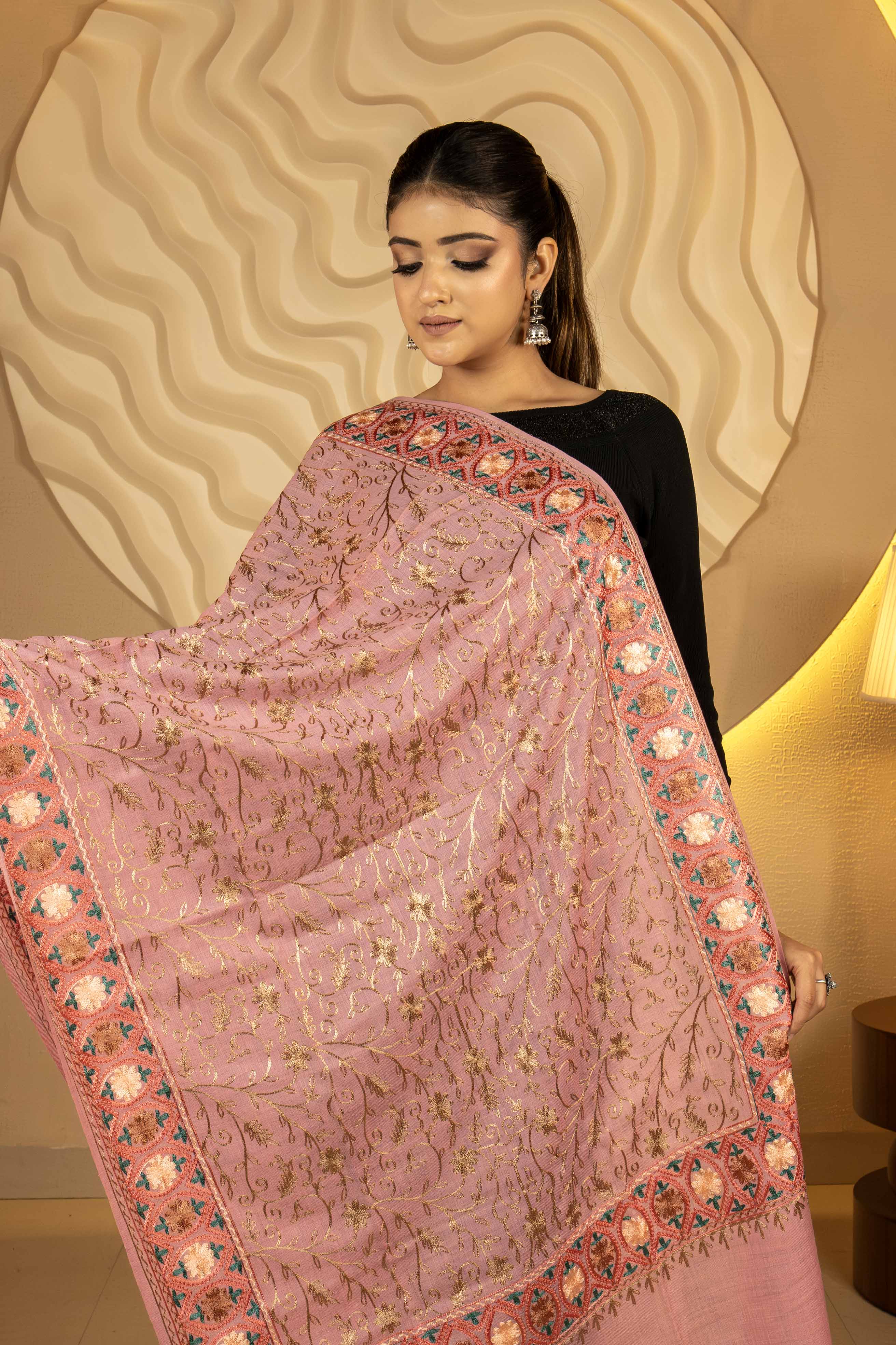 Aari Embroidered Pink Poly Wool Stole For Women