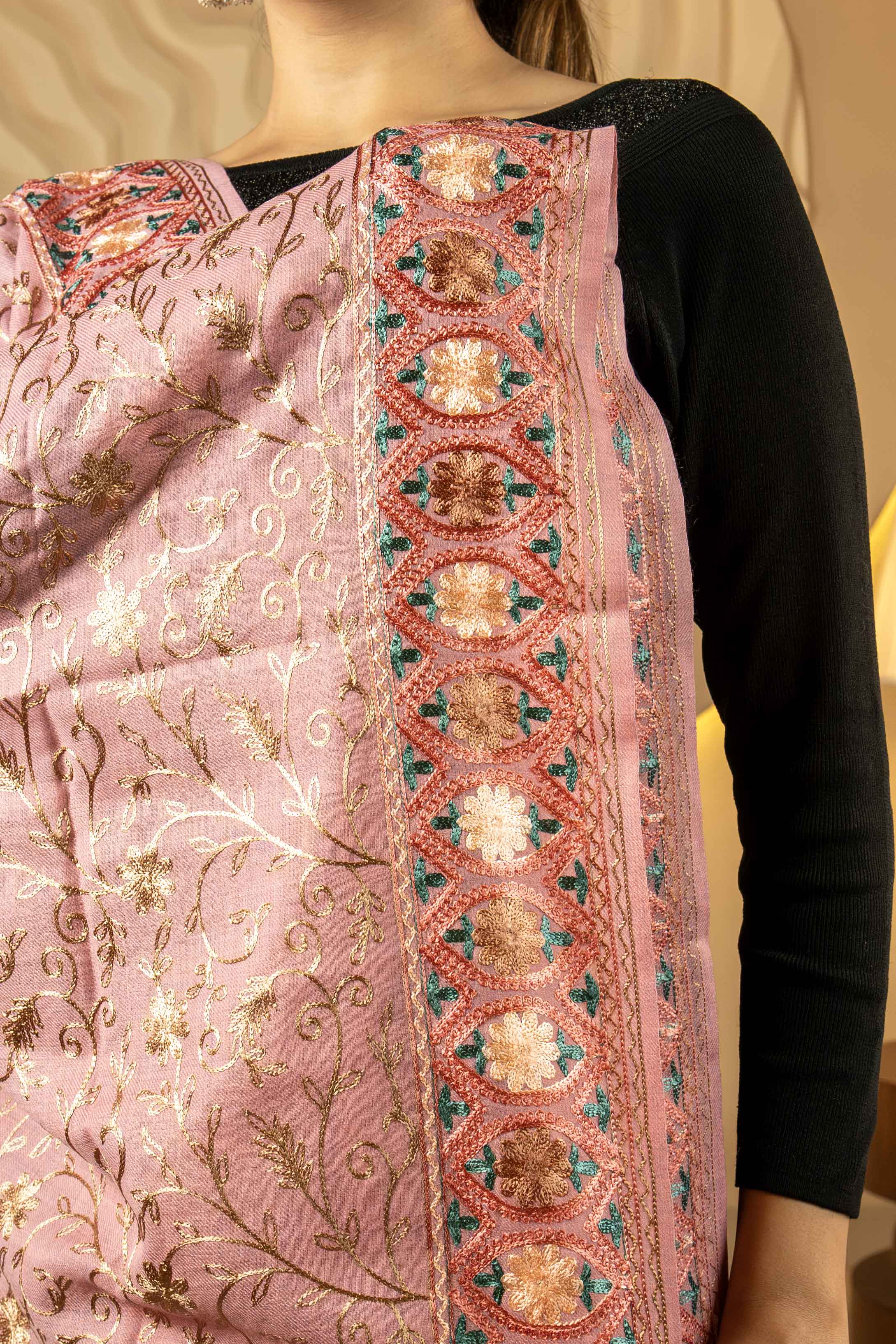 Aari Embroidered Pink Poly Wool Stole For Women