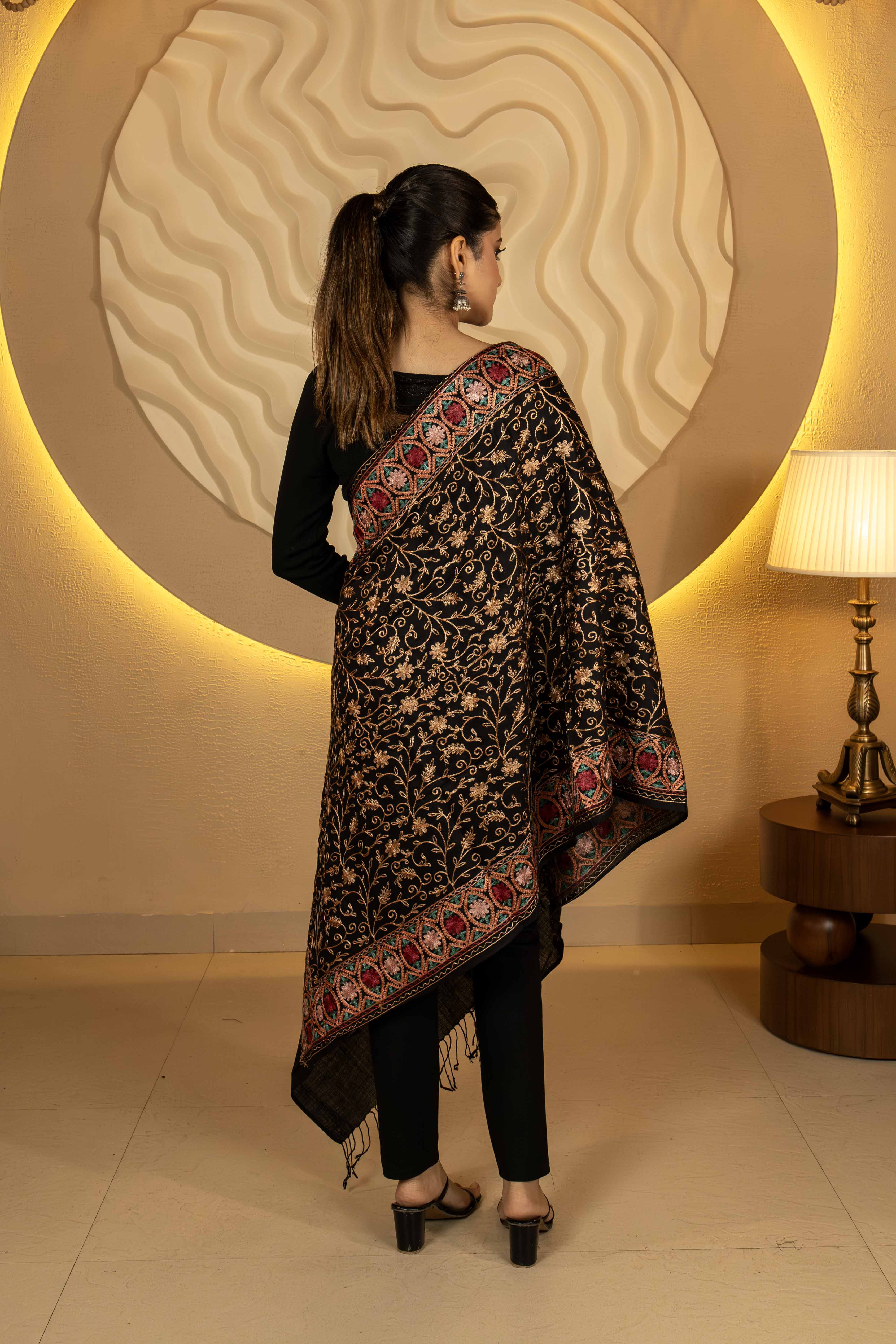 Aari Embroidered Black Poly Wool Stole For Women