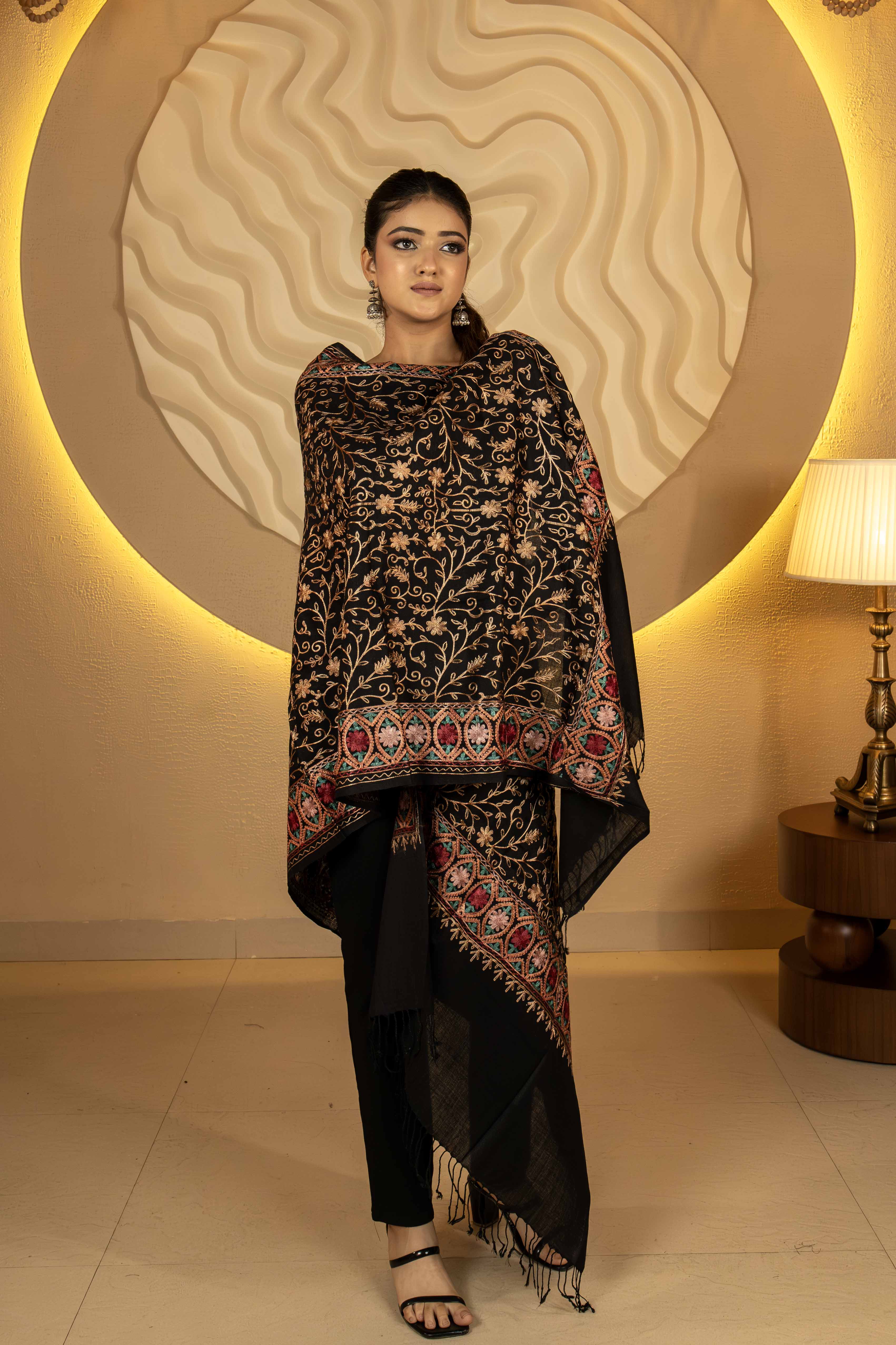 Aari Embroidered Black Poly Wool Stole For Women