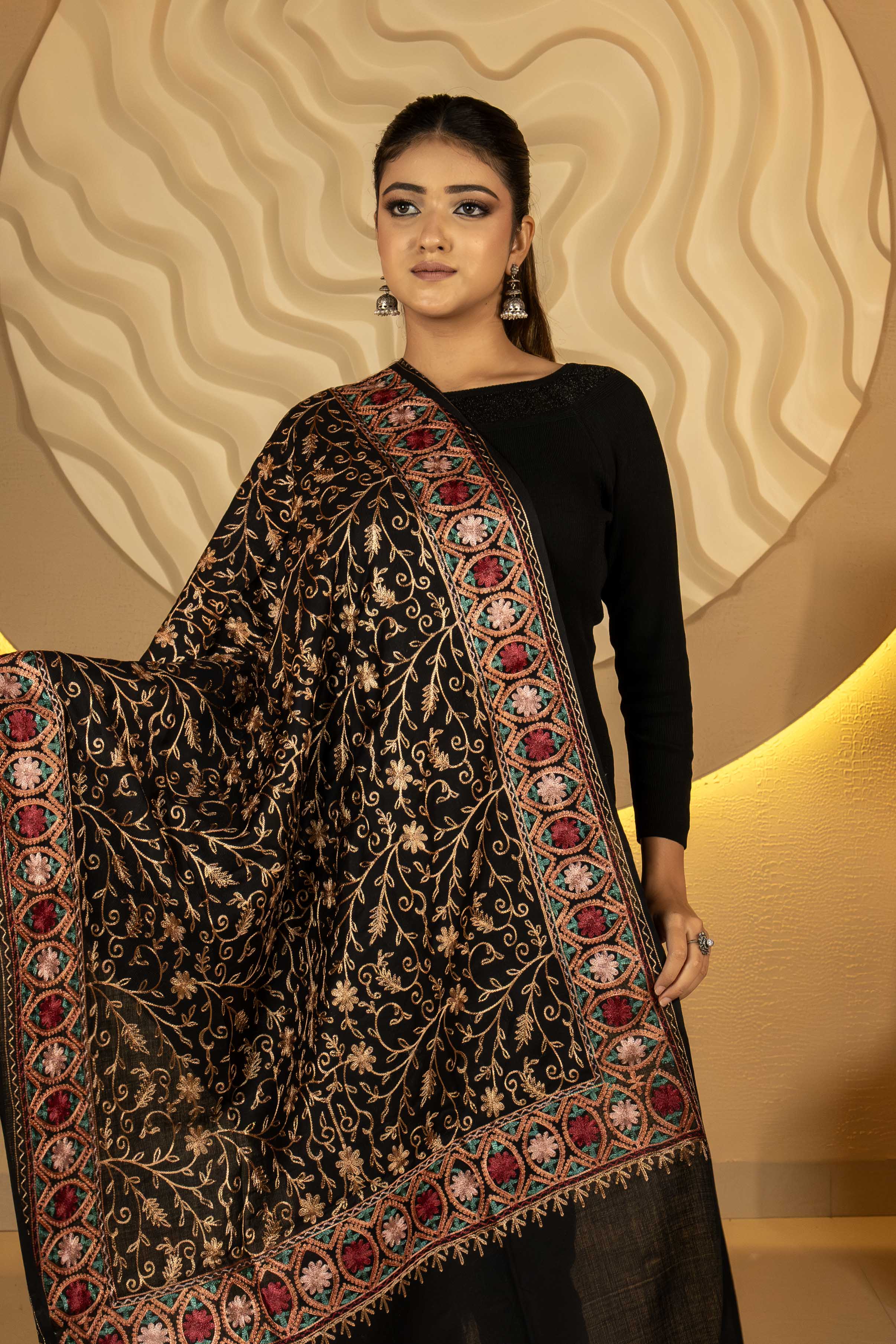 Aari Embroidered Black Poly Wool Stole For Women