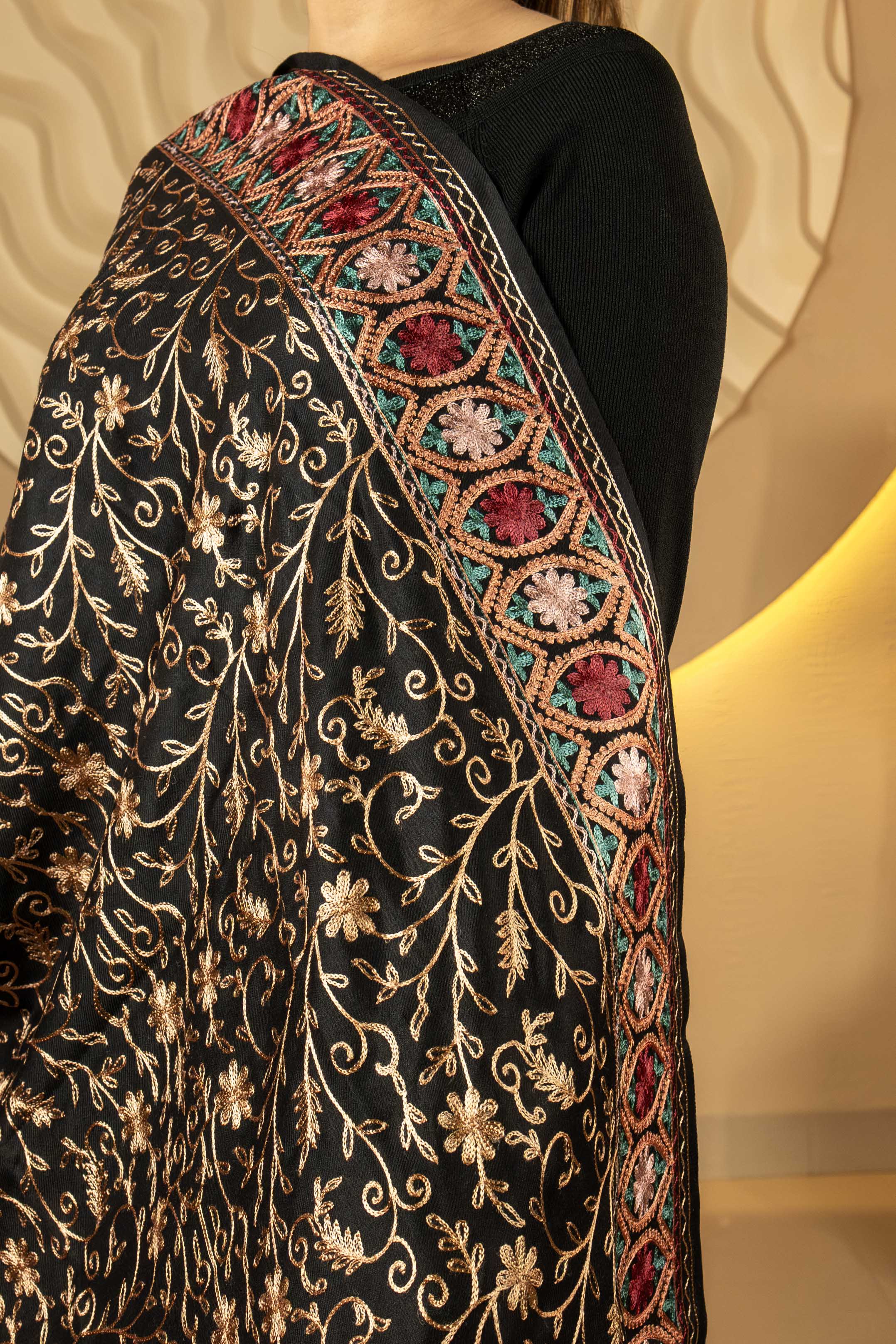 Aari Embroidered Black Poly Wool Stole For Women