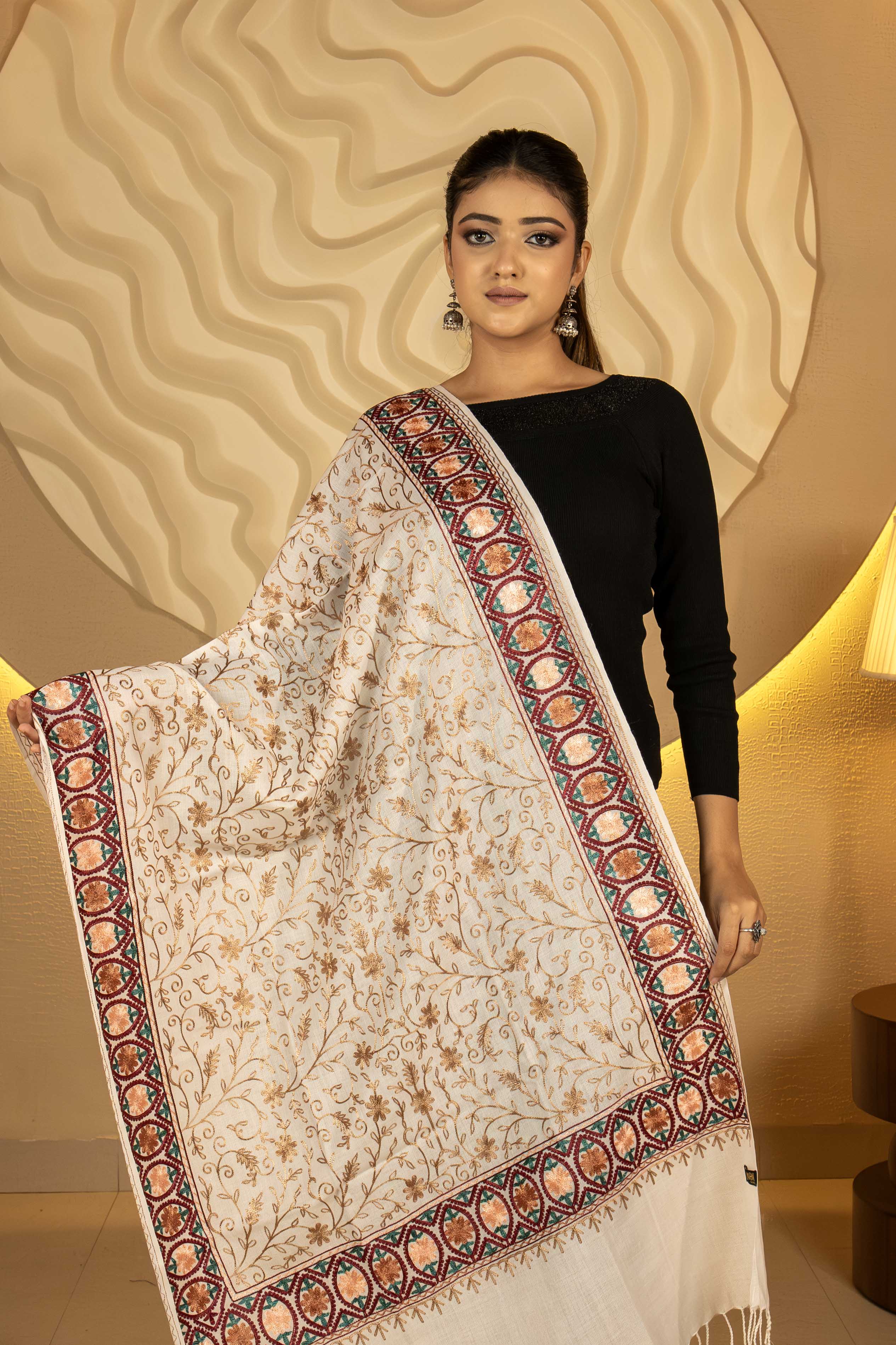 Aari Embroidered White Poly Wool Stole For Women