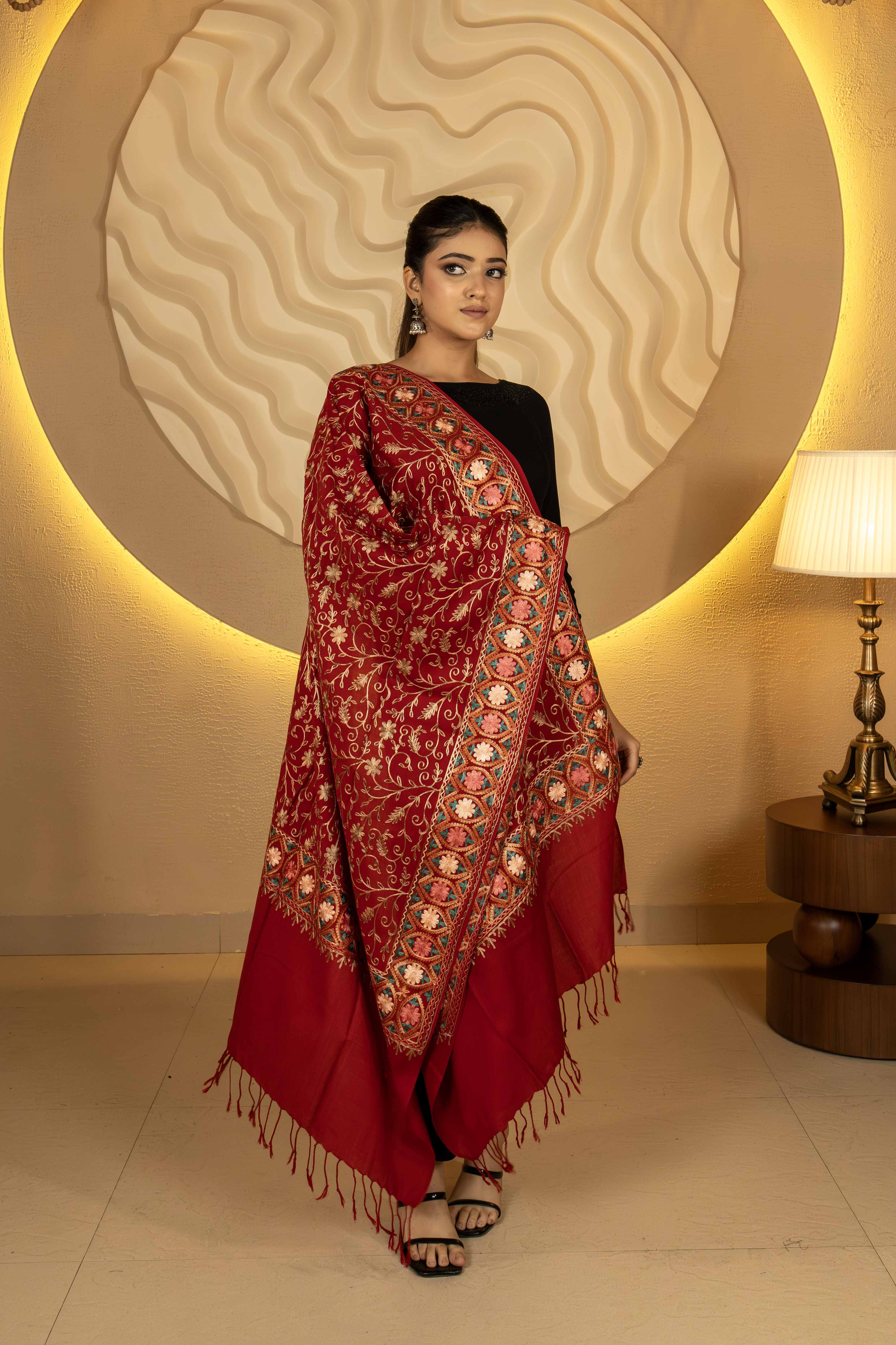 Aari Embroidered Maroon Poly Wool Stole For Women