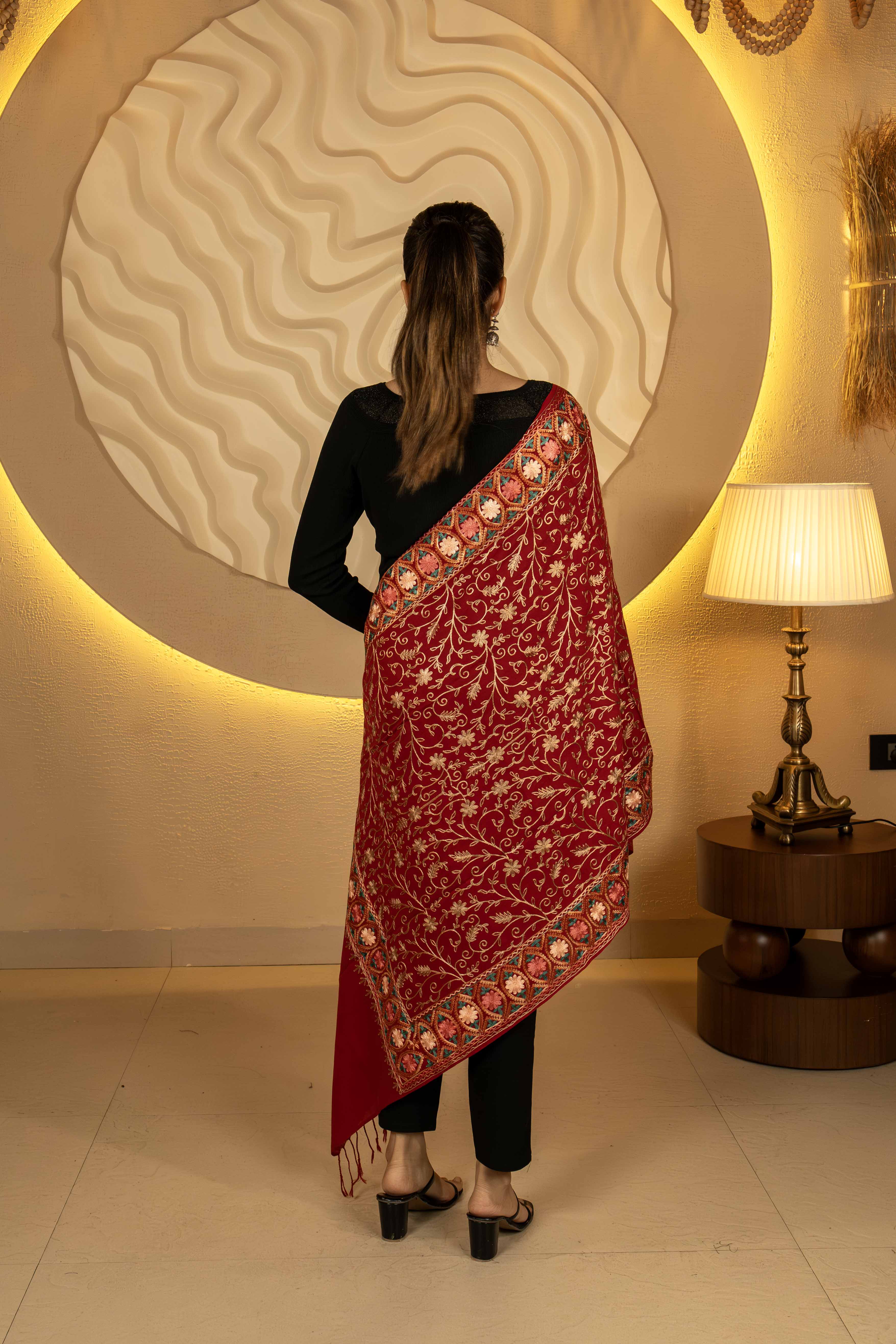 Aari Embroidered Maroon Poly Wool Stole For Women