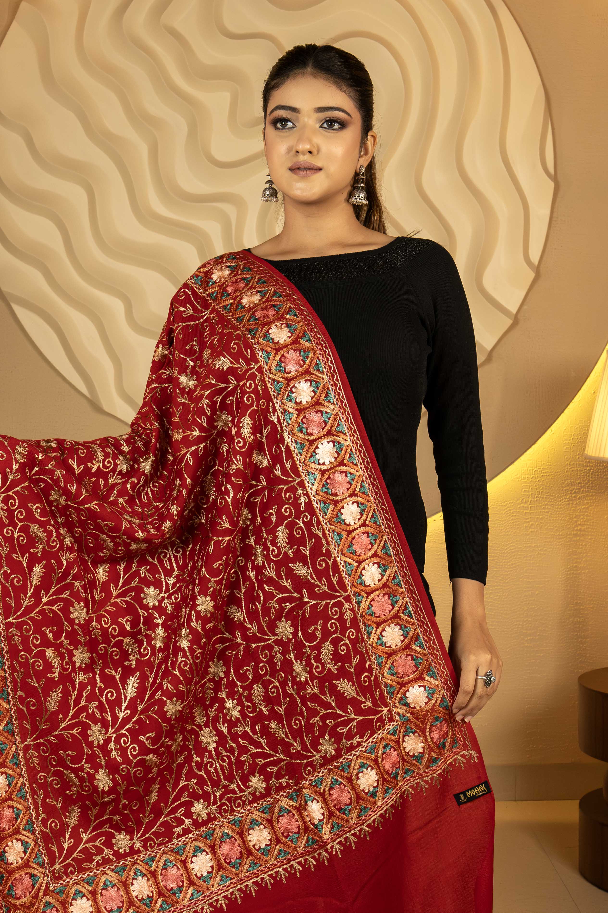 Aari Embroidered Maroon Poly Wool Stole For Women
