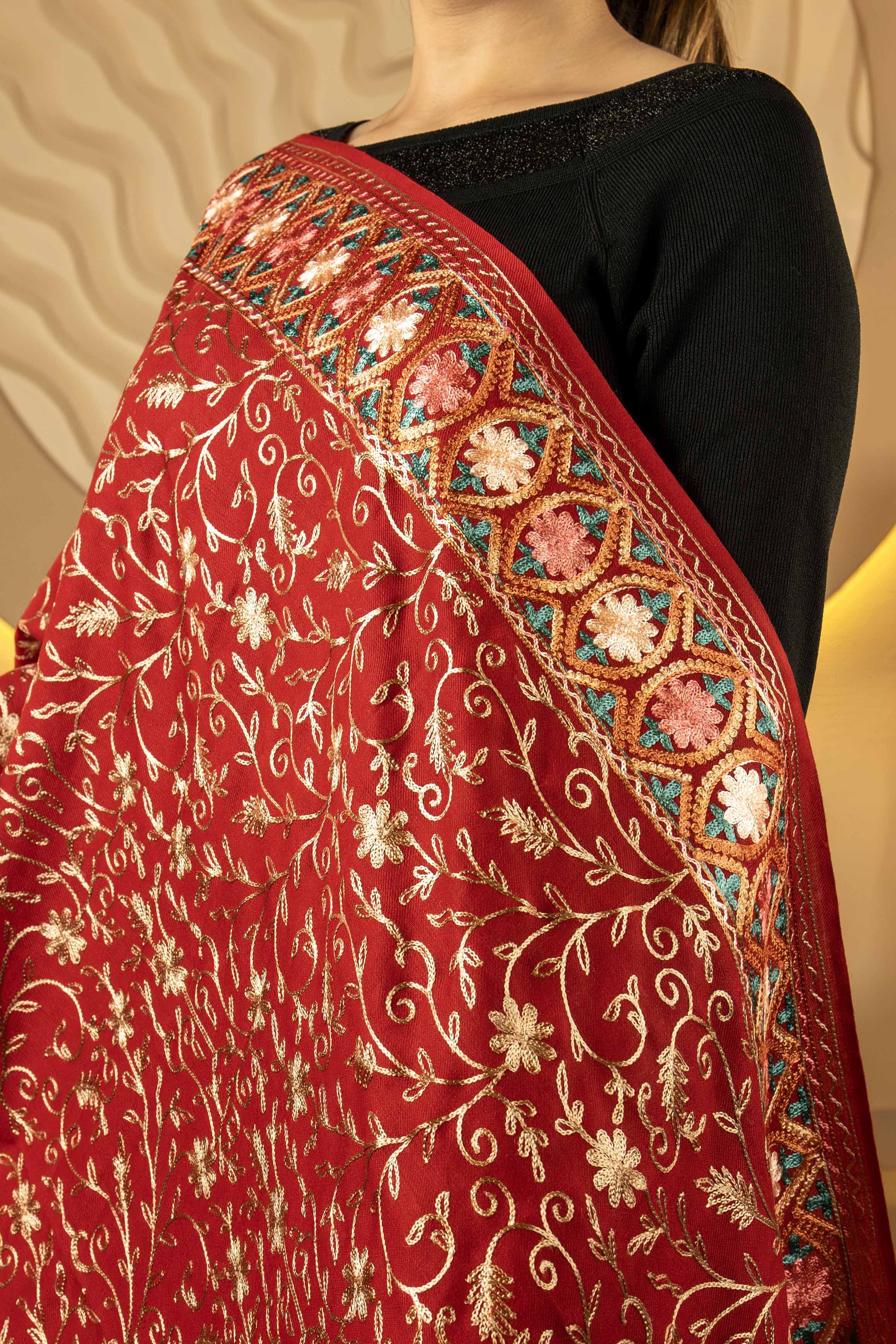 Aari Embroidered Maroon Poly Wool Stole For Women