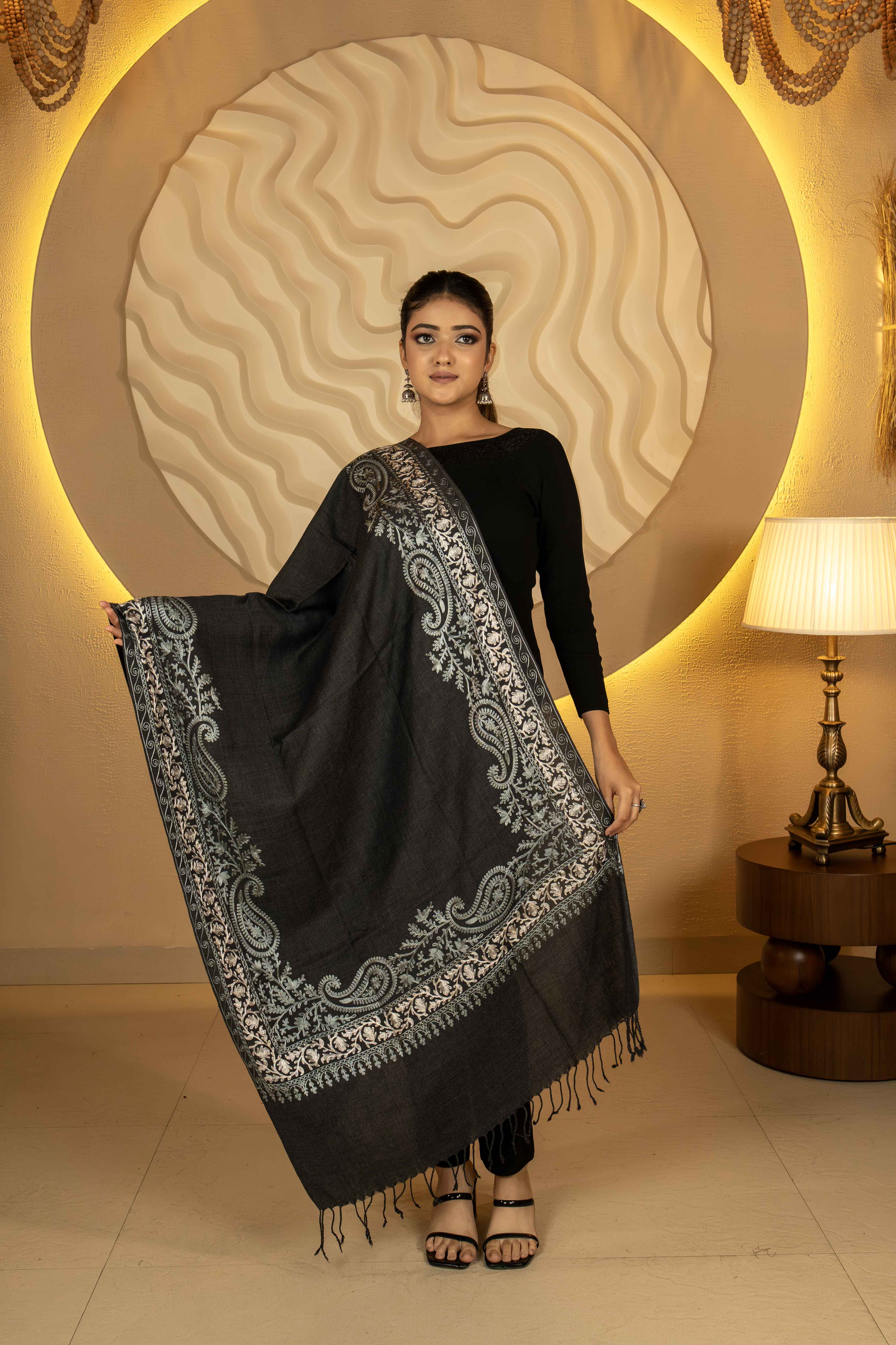 Aari Embroidered Dark Grey Poly Wool Stole For Women