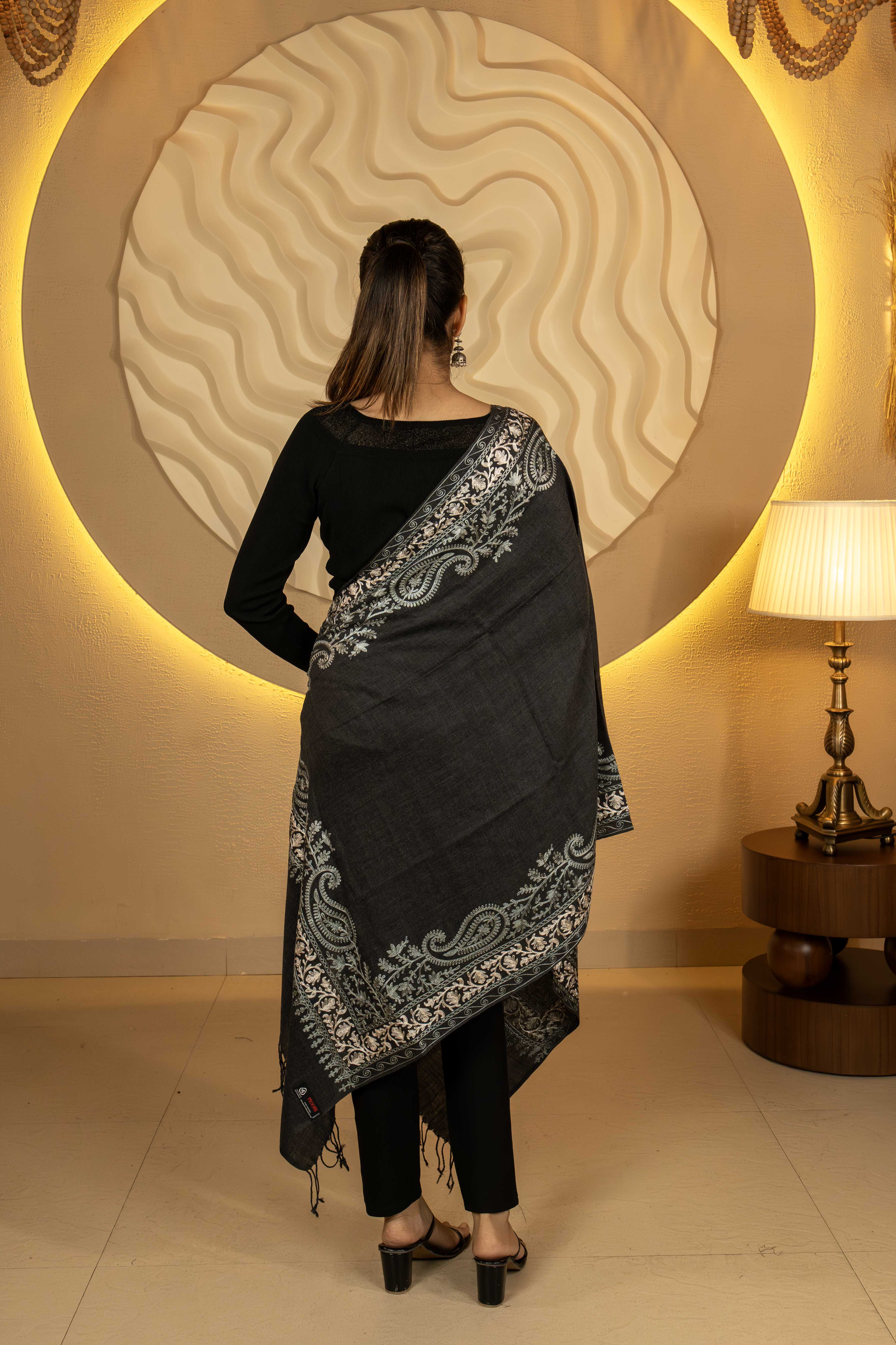 Aari Embroidered Dark Grey Poly Wool Stole For Women