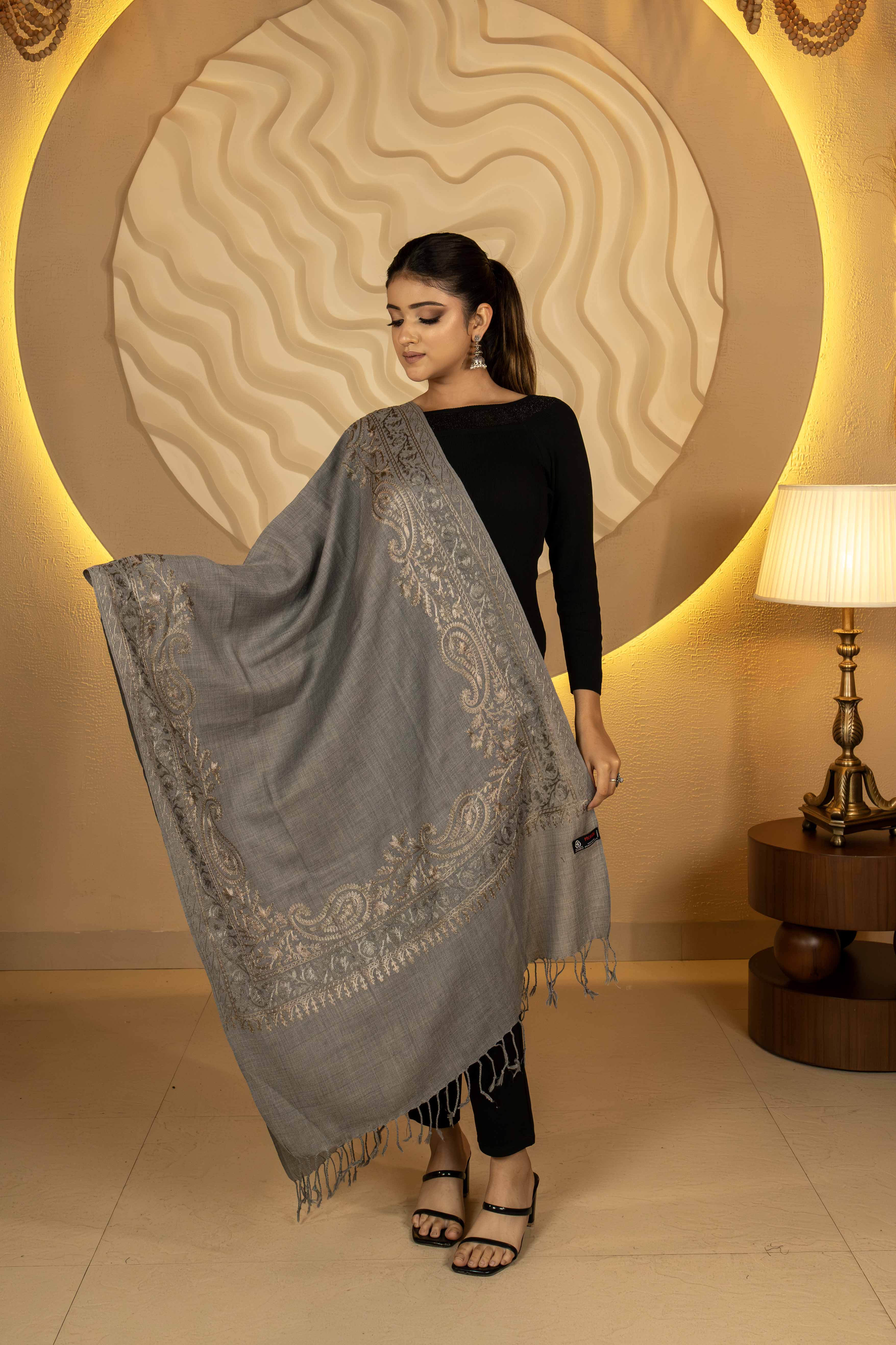 Aari Embroidered Light Grey Poly Wool Stole For Women