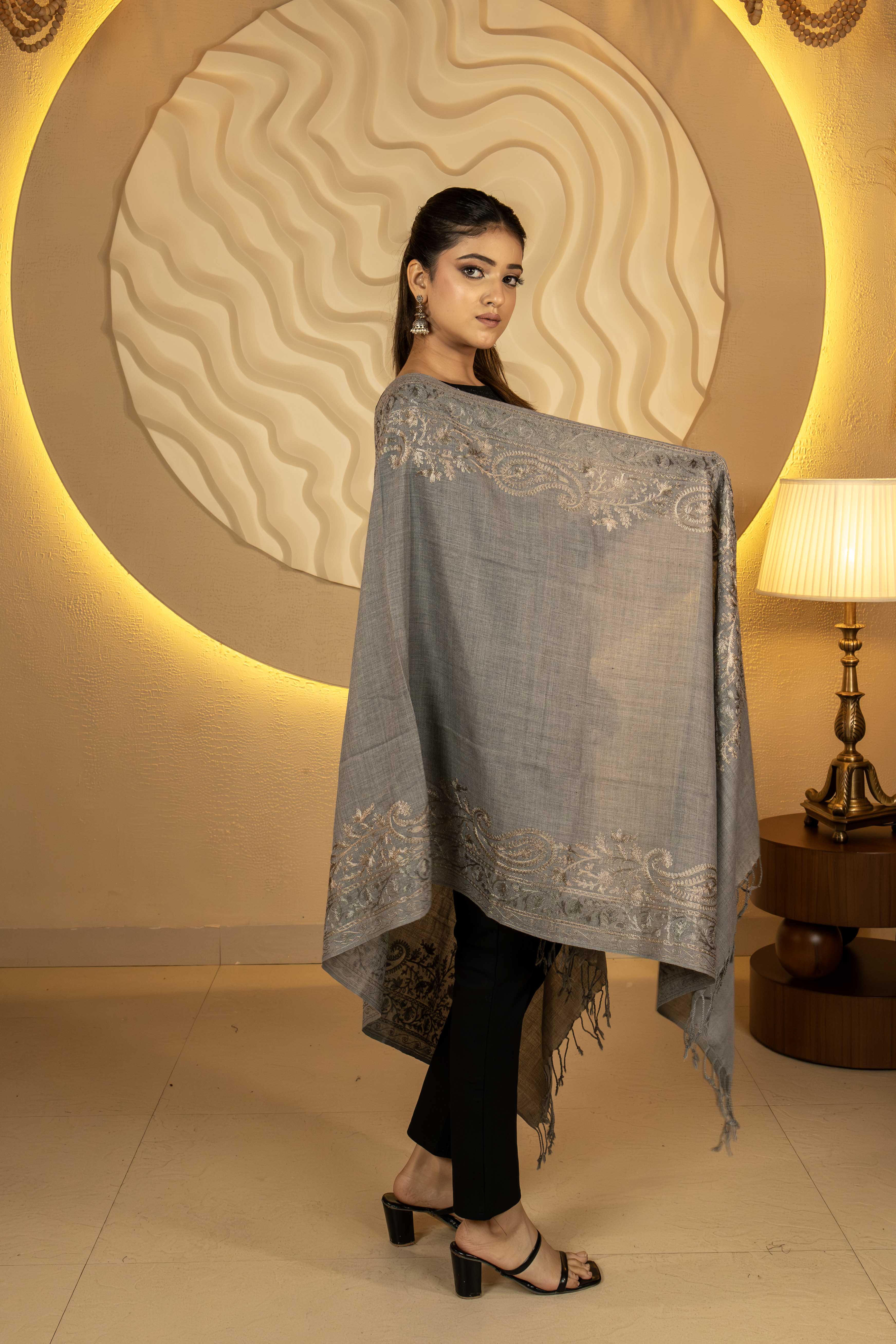 Aari Embroidered Light Grey Poly Wool Stole For Women