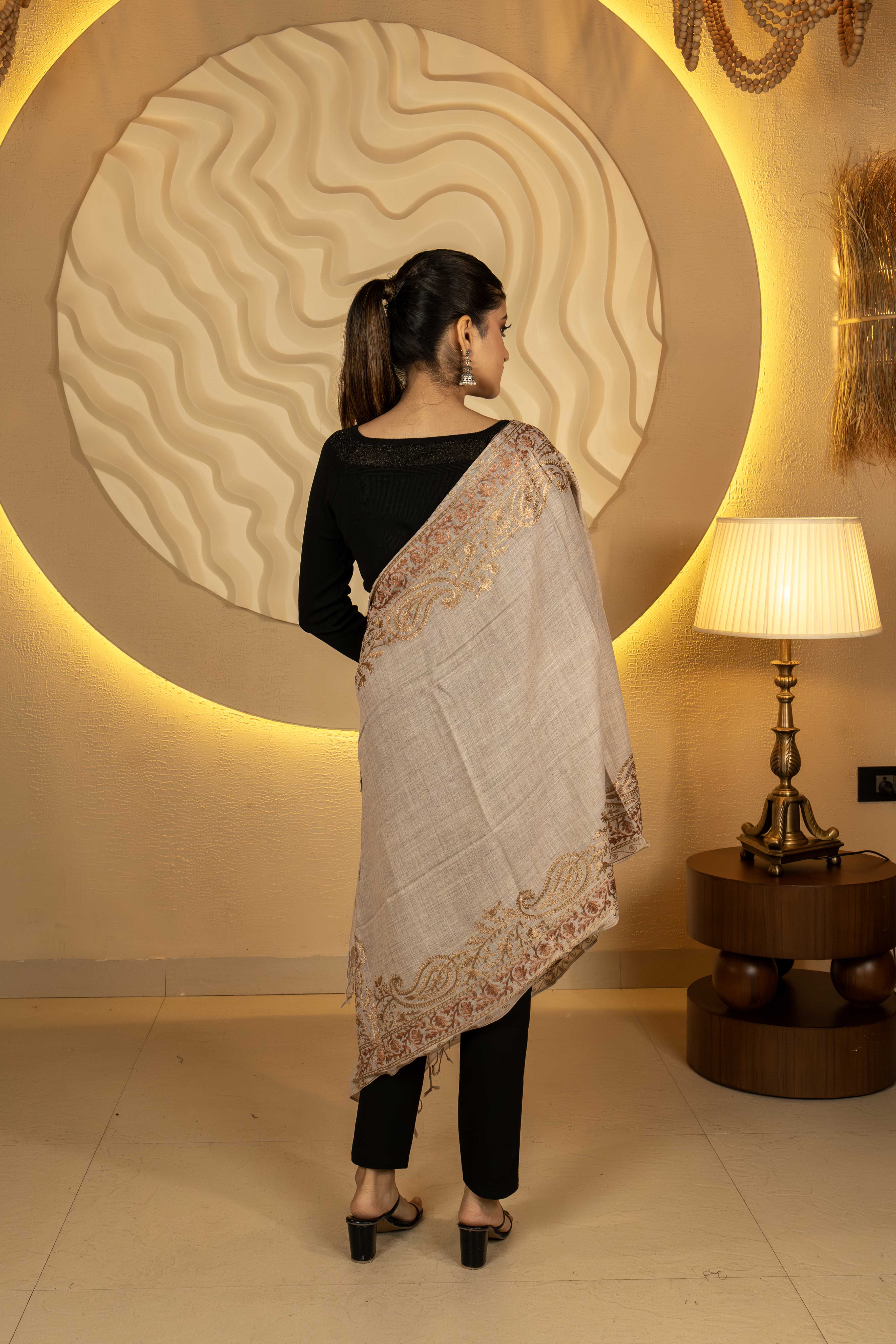 Aari Embroidered Beige Poly Wool Stole For Women