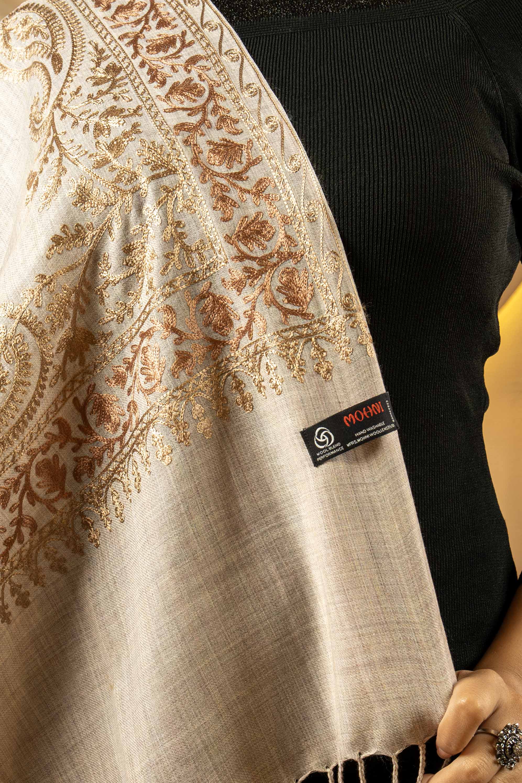 Aari Embroidered Beige Poly Wool Stole For Women