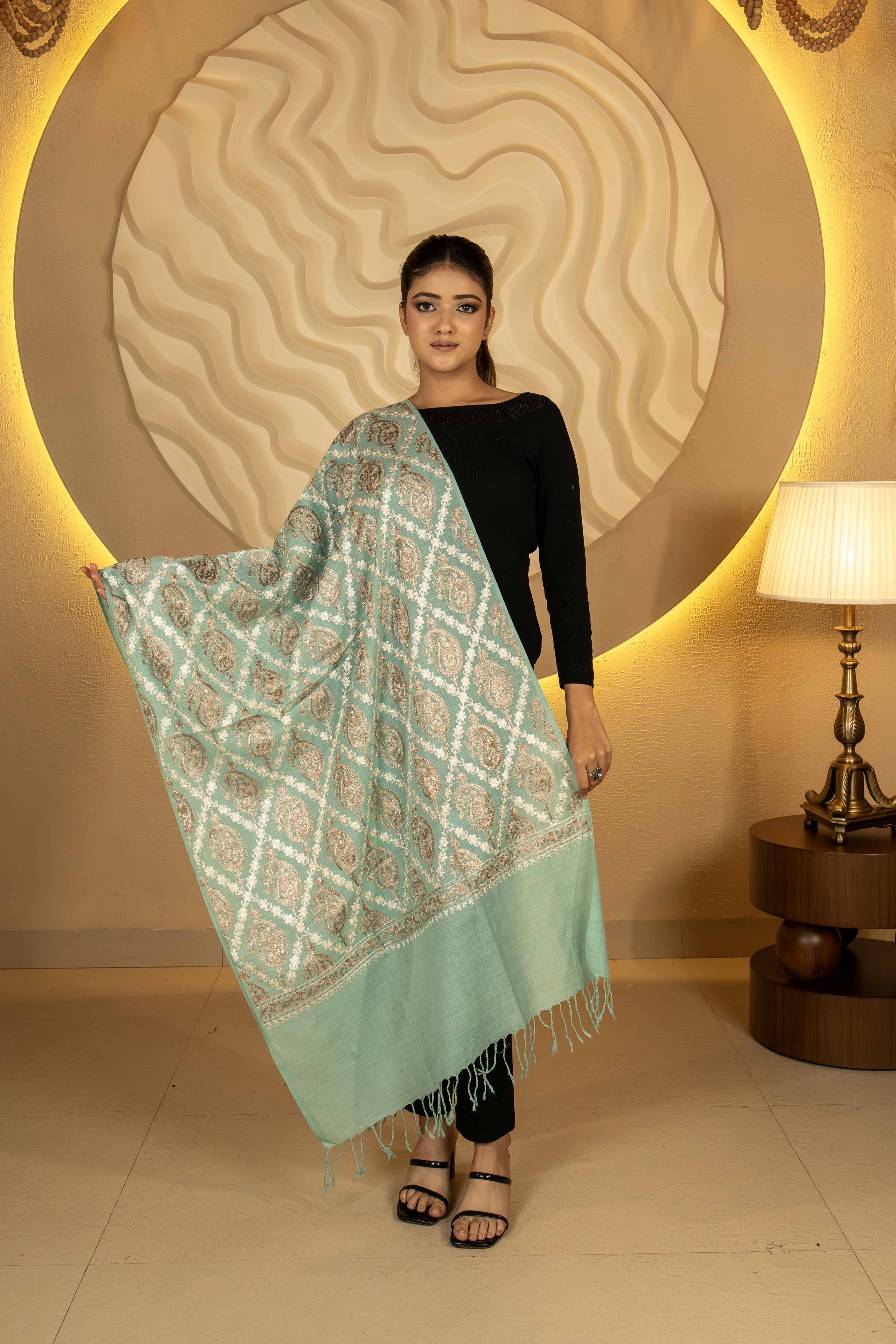 Aari Embroidered Teal Polywool Stole For Women