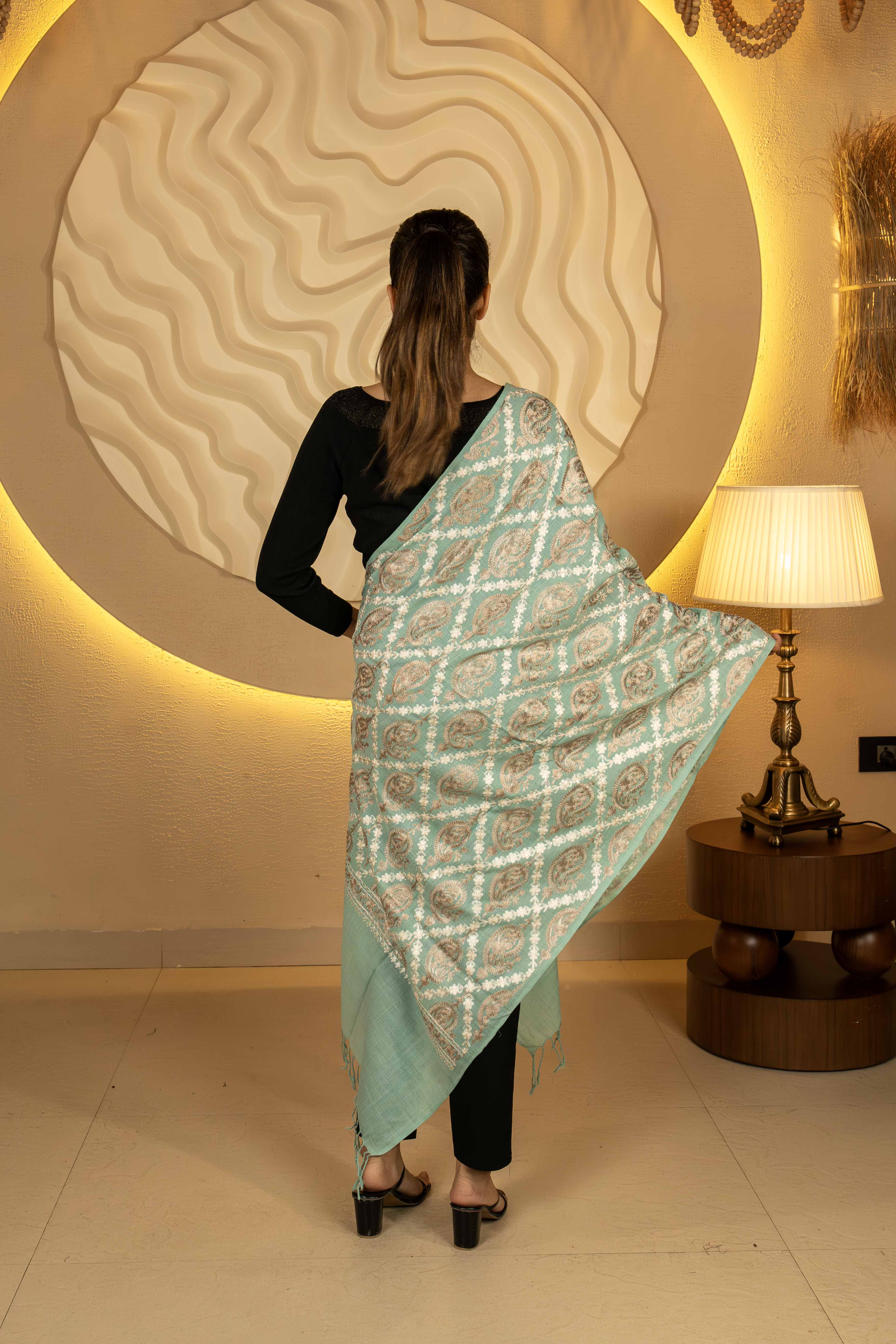 Aari Embroidered Teal Polywool Stole For Women