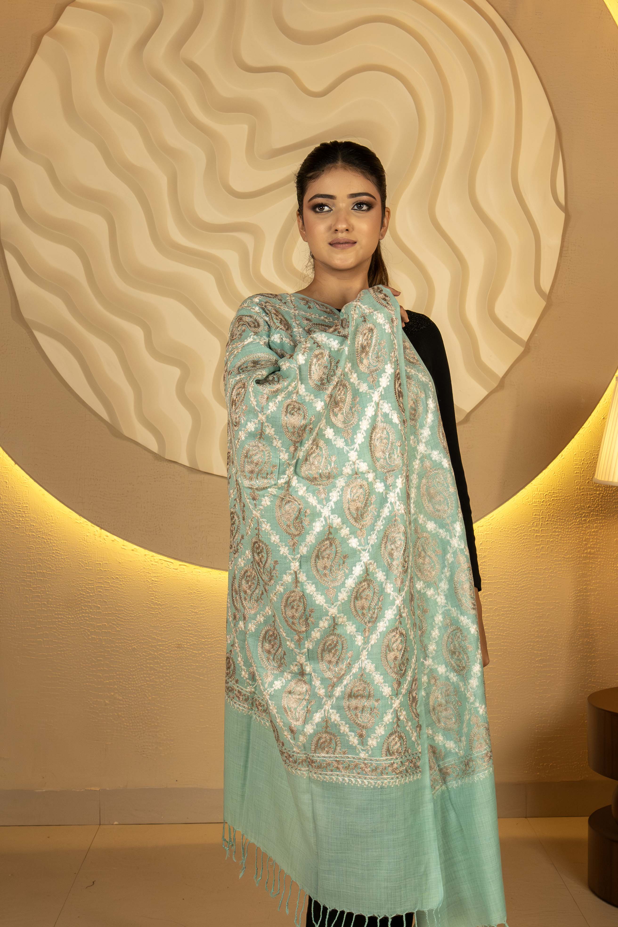 Aari Embroidered Teal Polywool Stole For Women