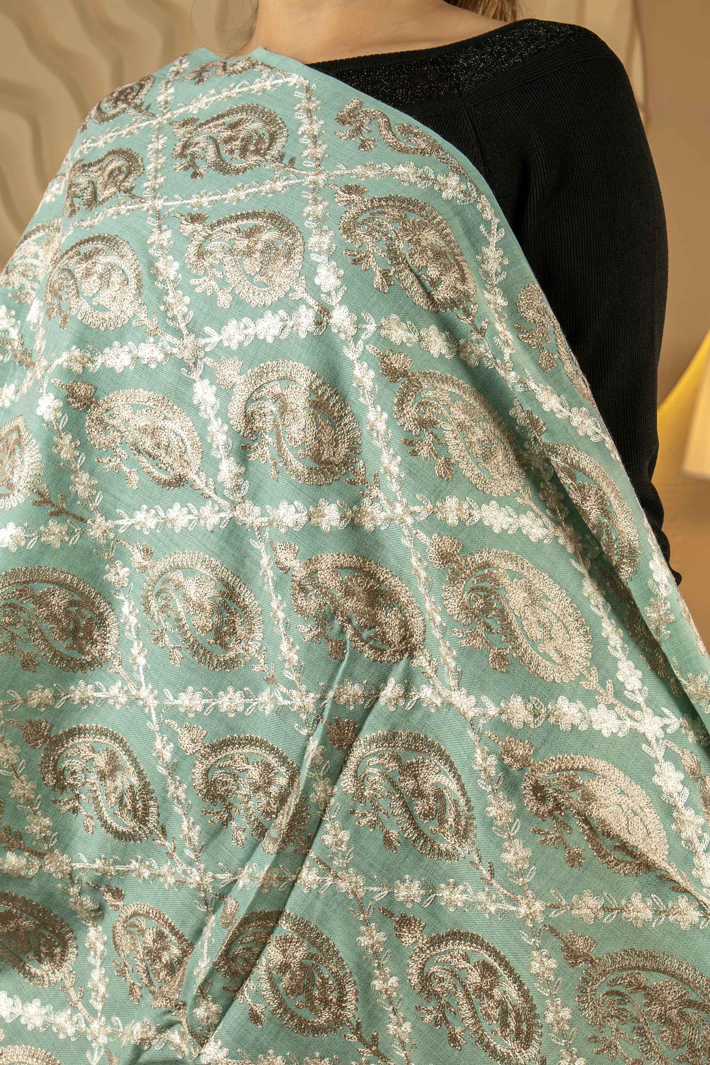 Aari Embroidered Teal Polywool Stole For Women