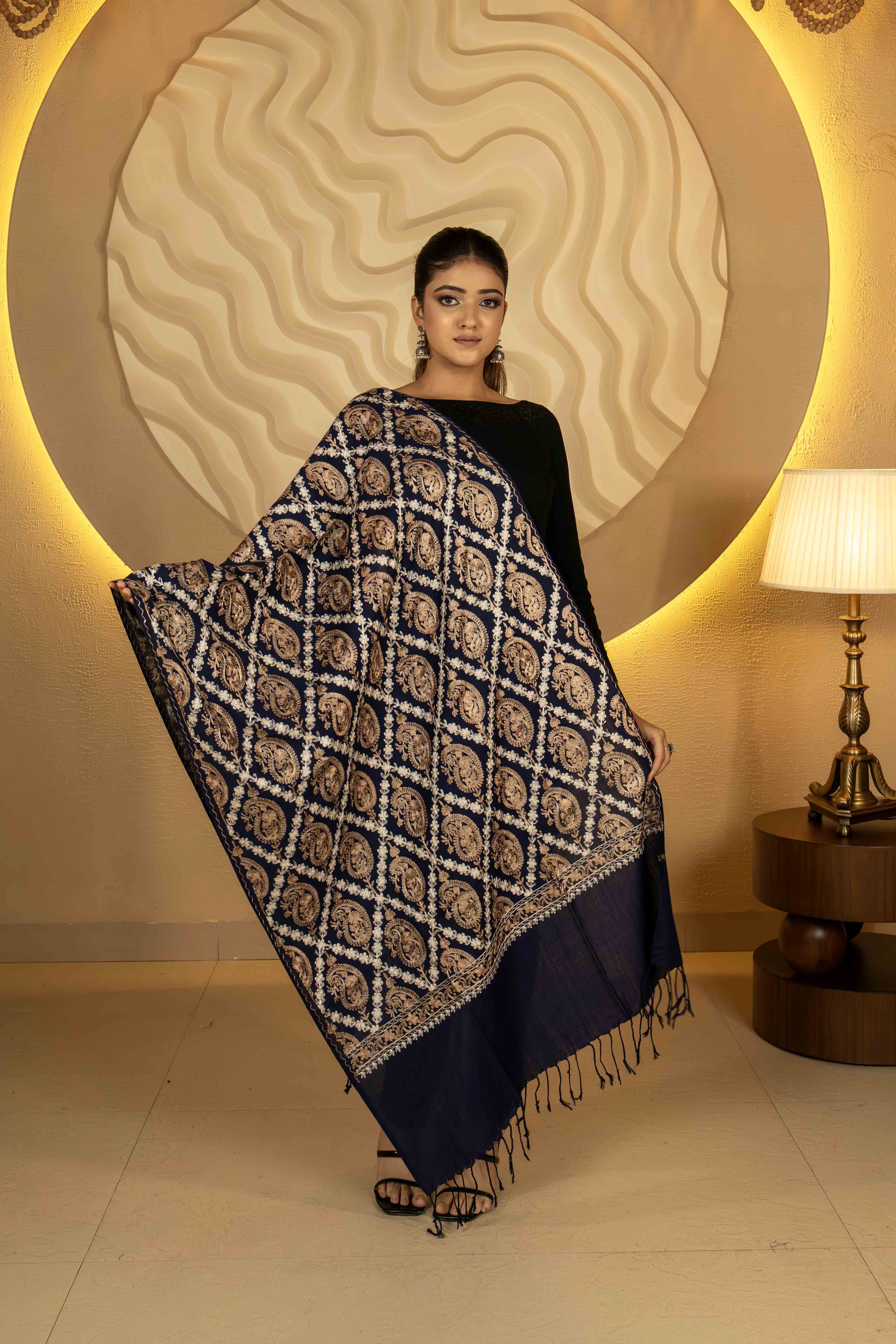 Aari Embroidered Navy Polywool Stole For Women