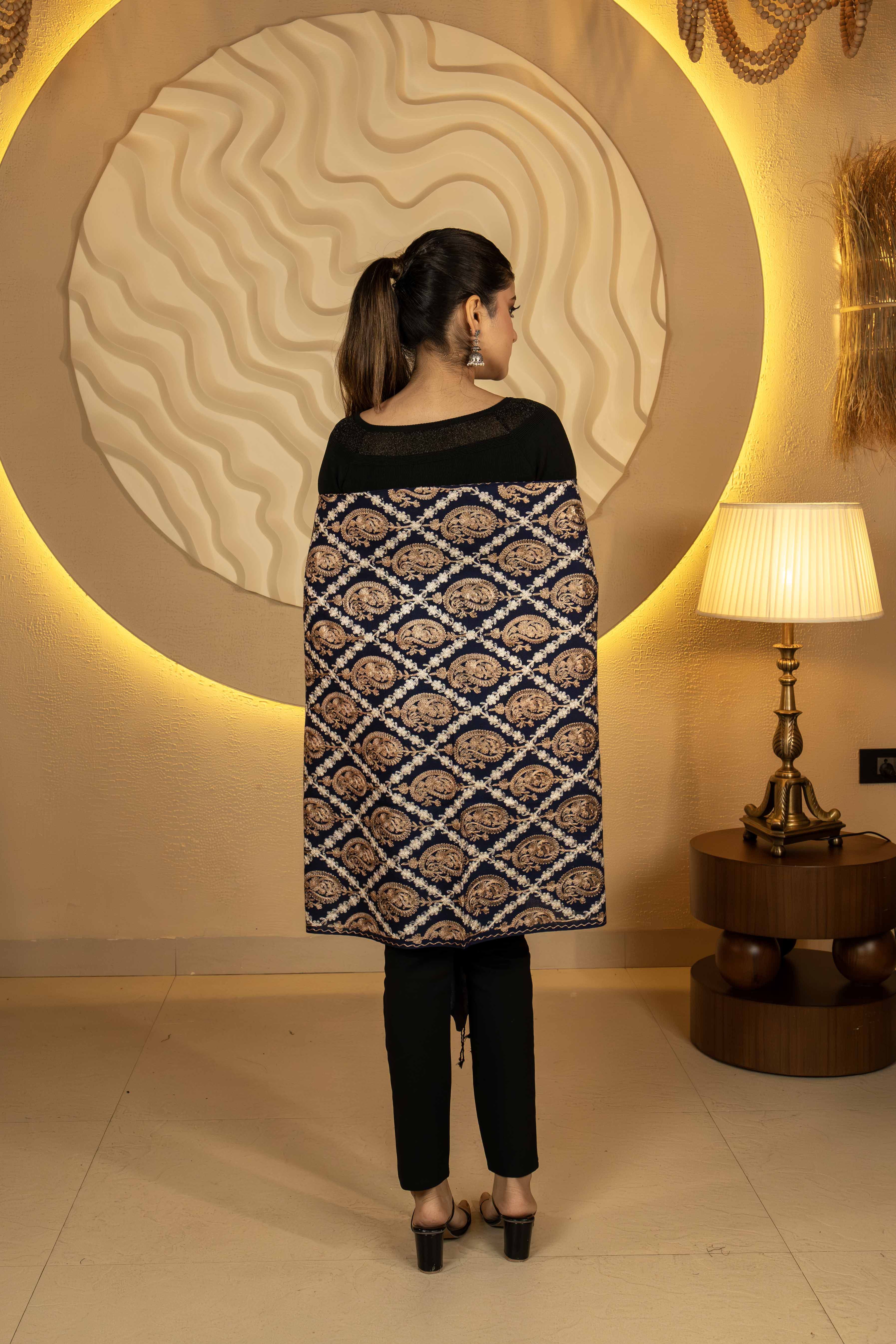 Aari Embroidered Navy Polywool Stole For Women