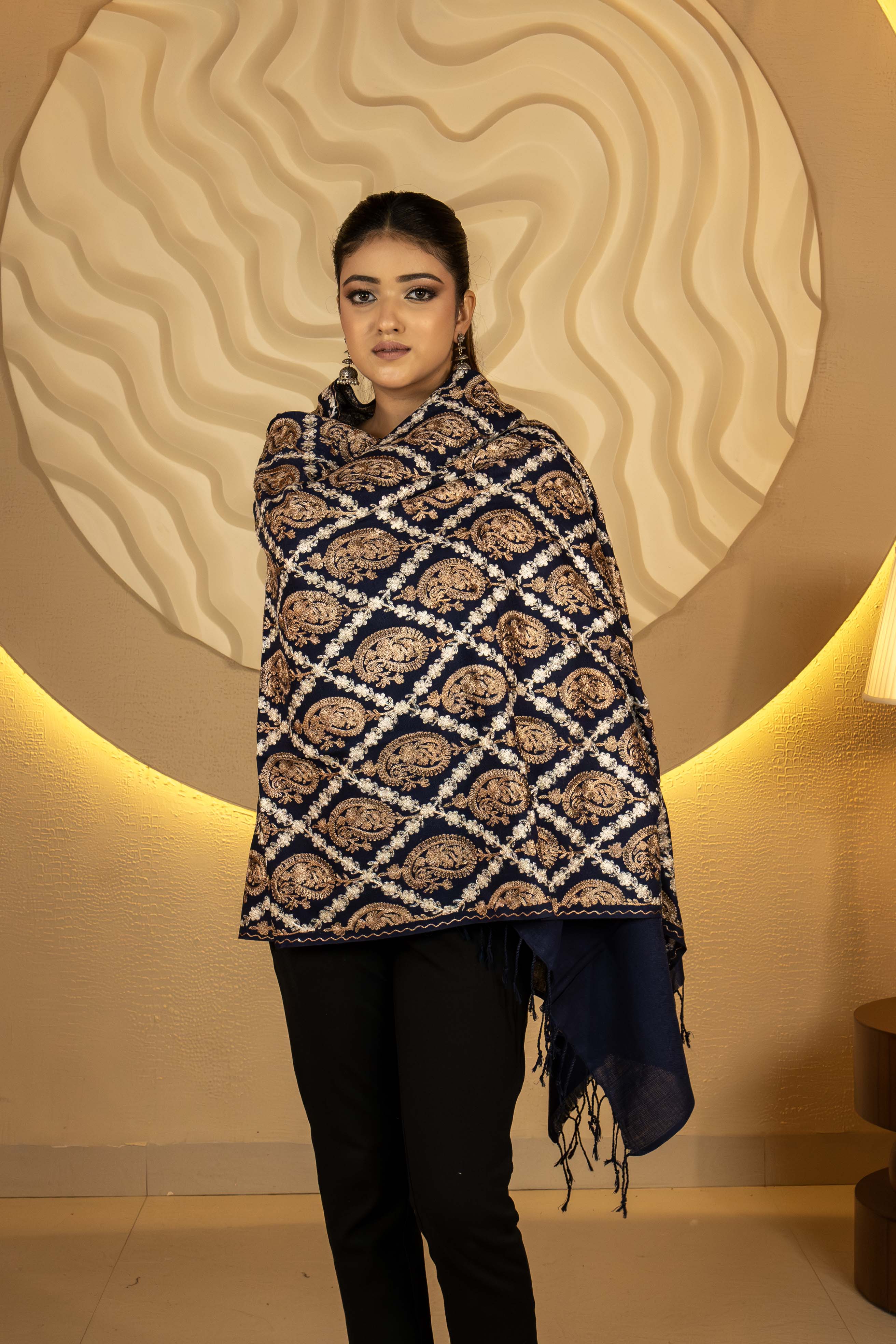 Aari Embroidered Navy Polywool Stole For Women