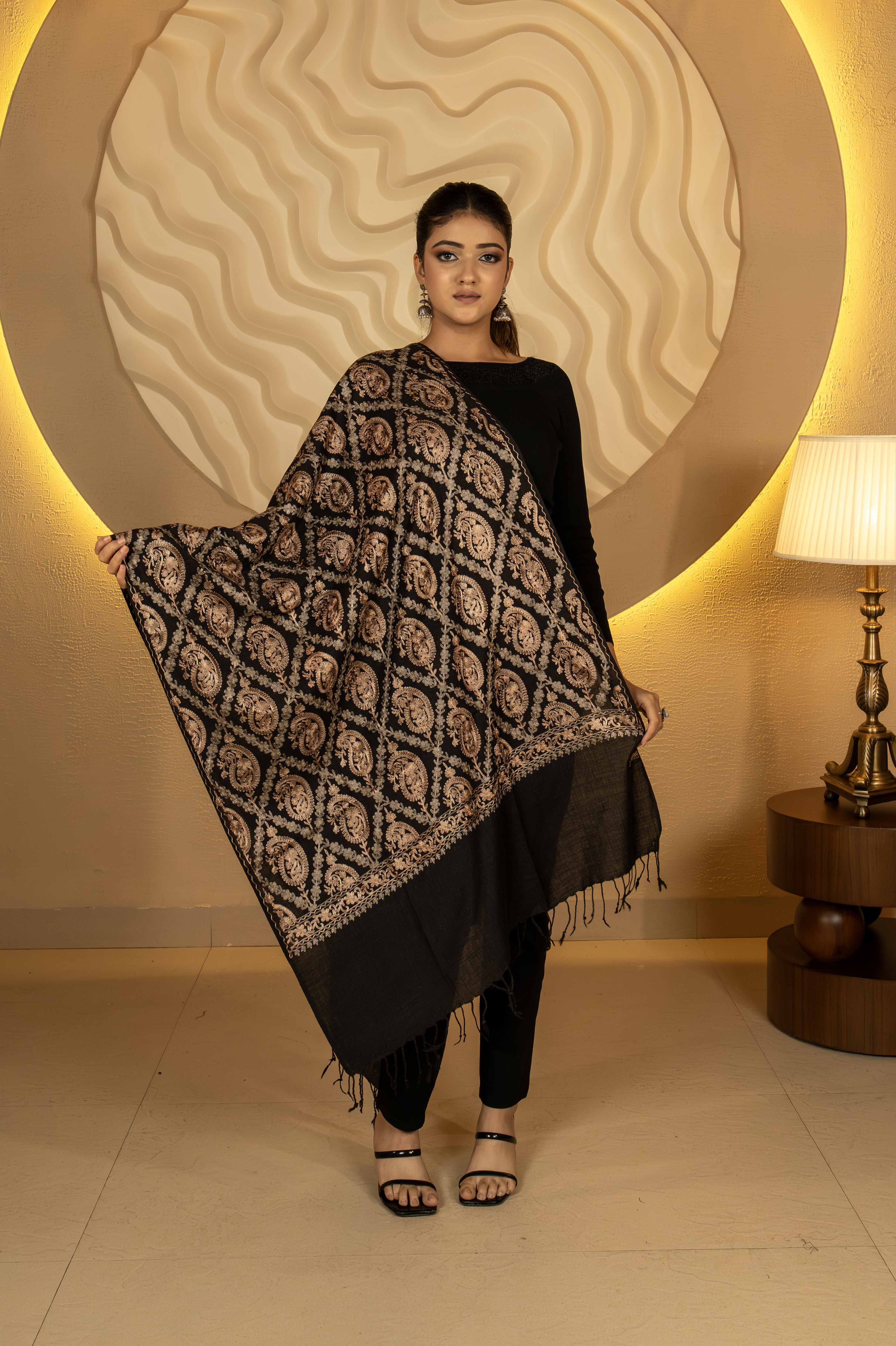 Aari Embroidered Black Polywool Stole For Women
