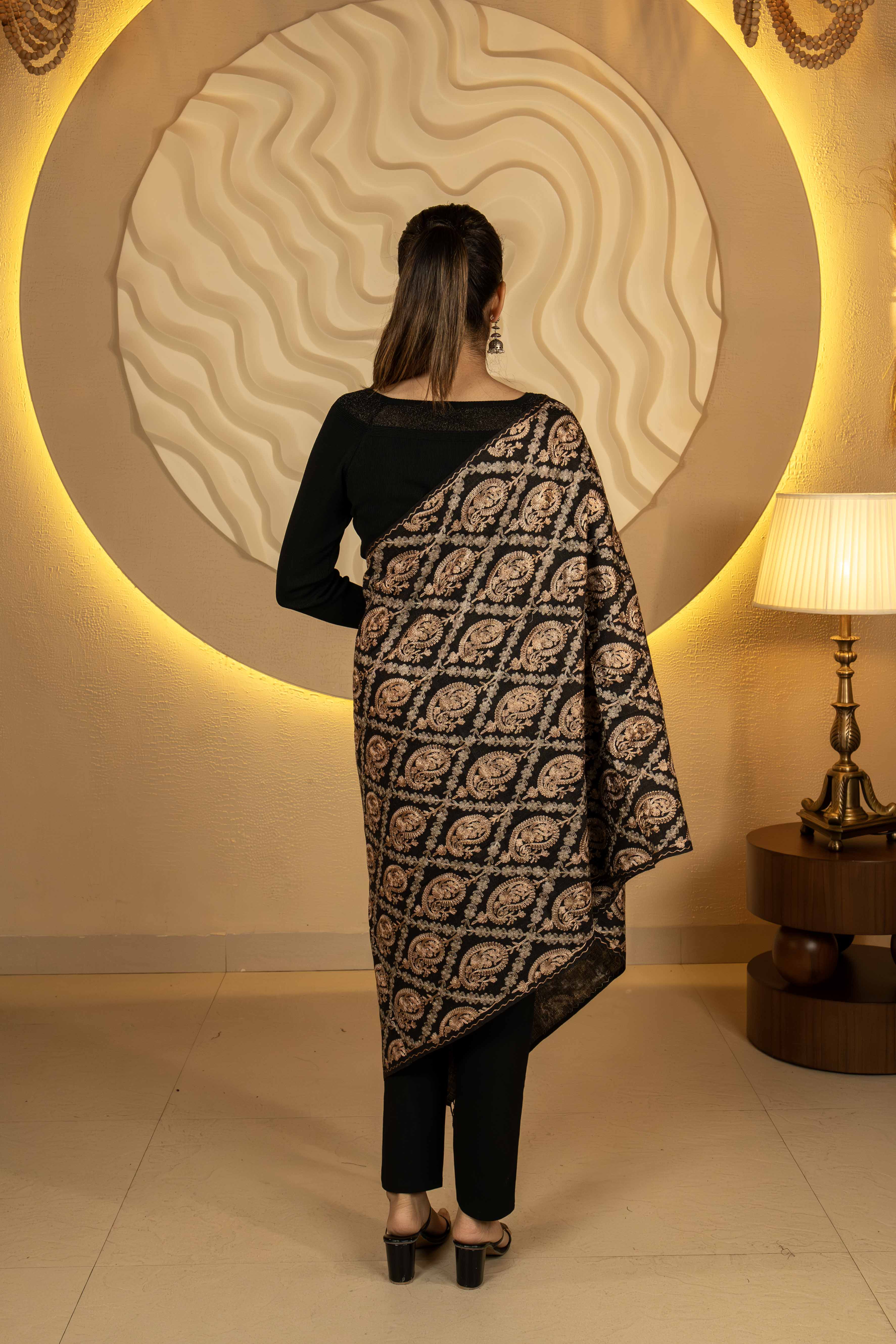 Aari Embroidered Black Polywool Stole For Women