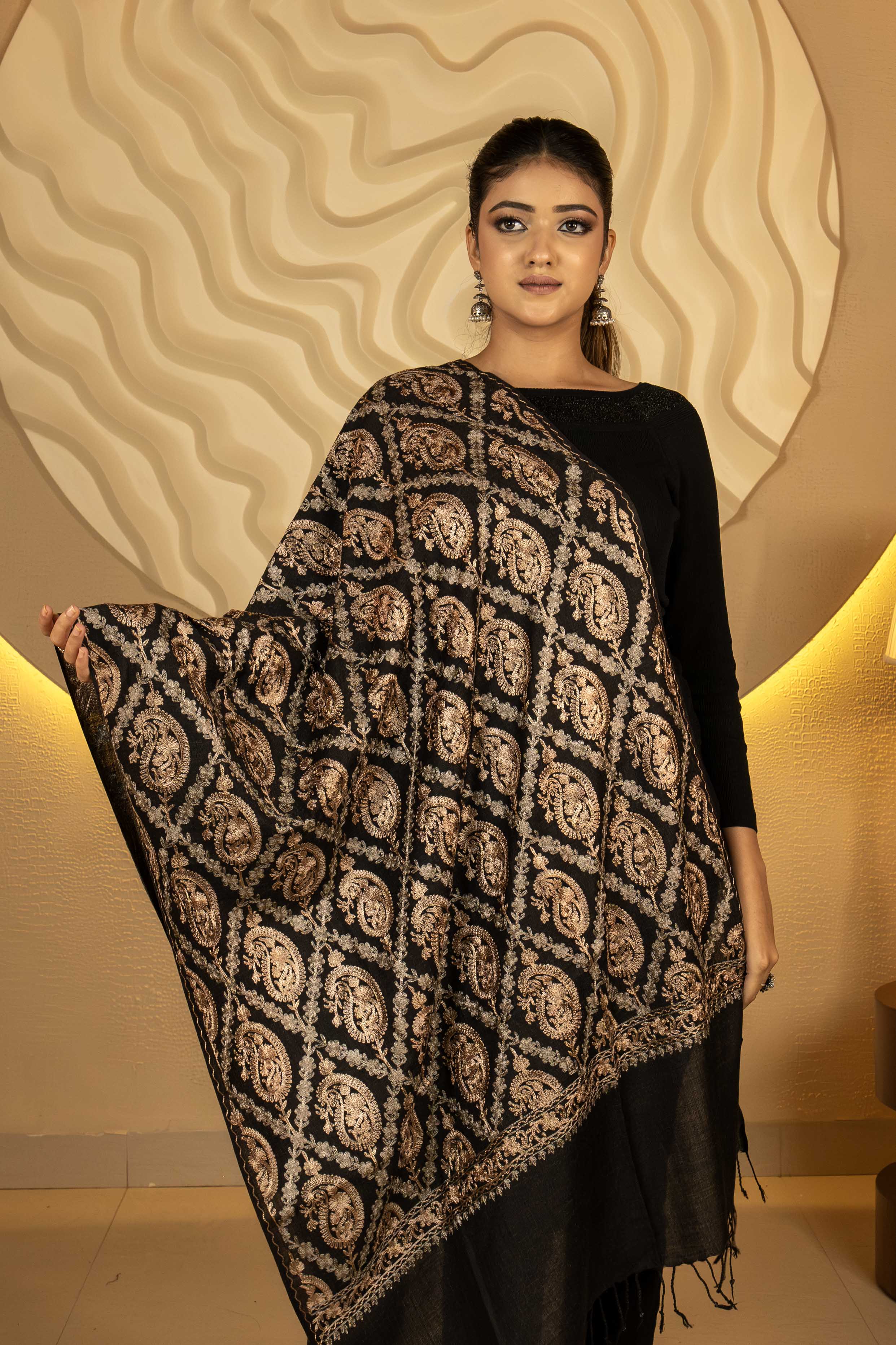 Aari Embroidered Black Polywool Stole For Women