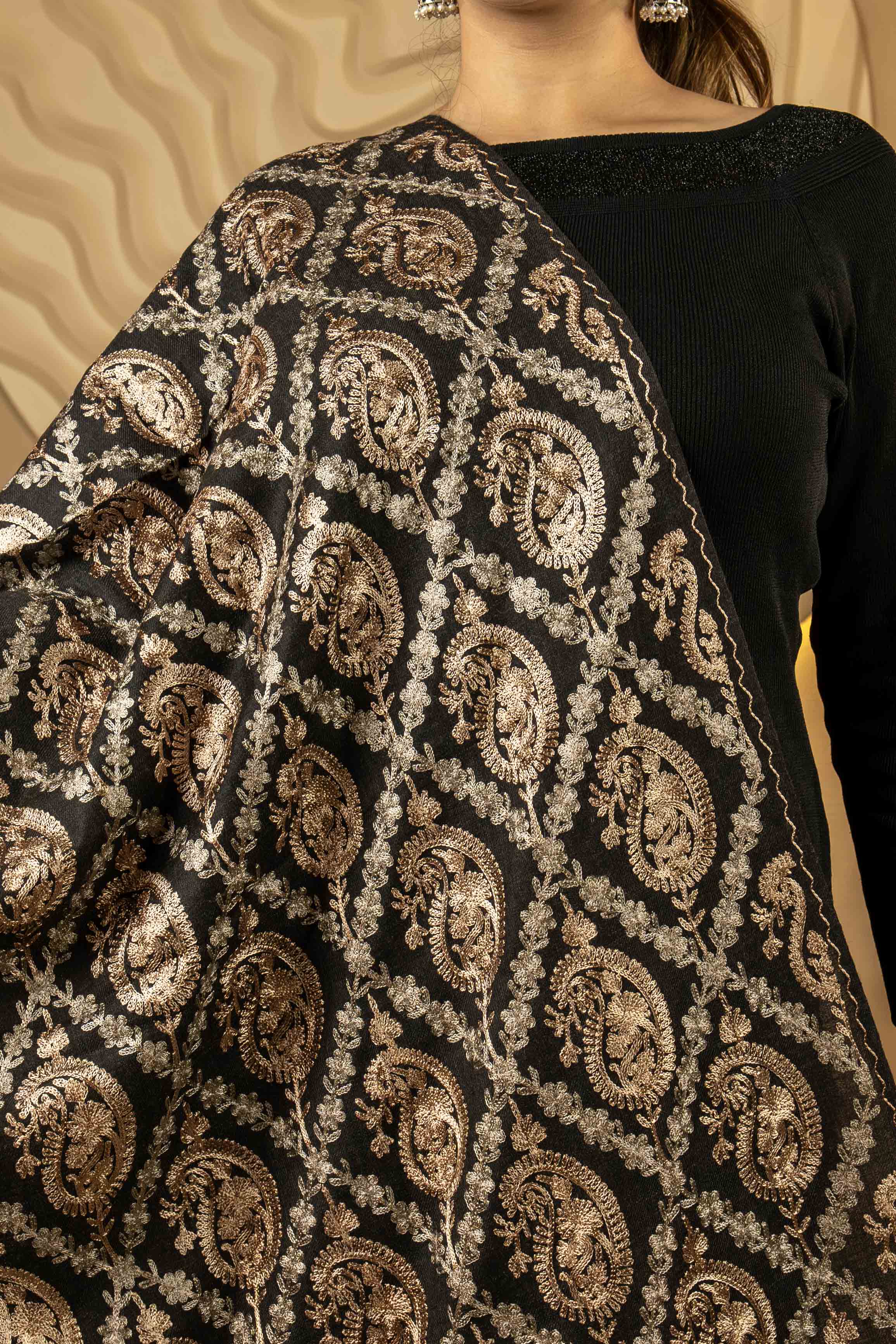 Aari Embroidered Black Polywool Stole For Women