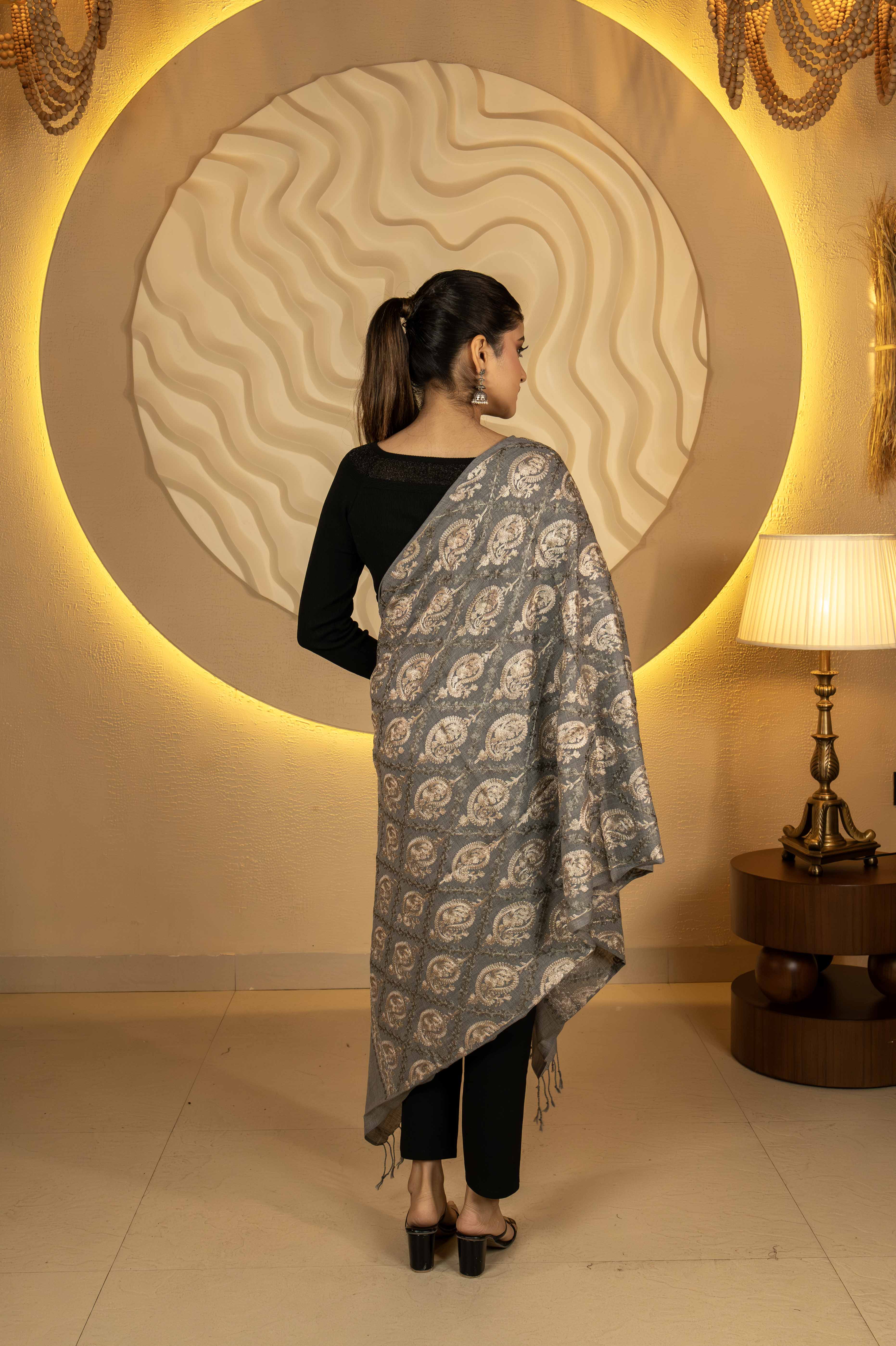 Aari Embroidered Light Grey Polywool Stole For Women