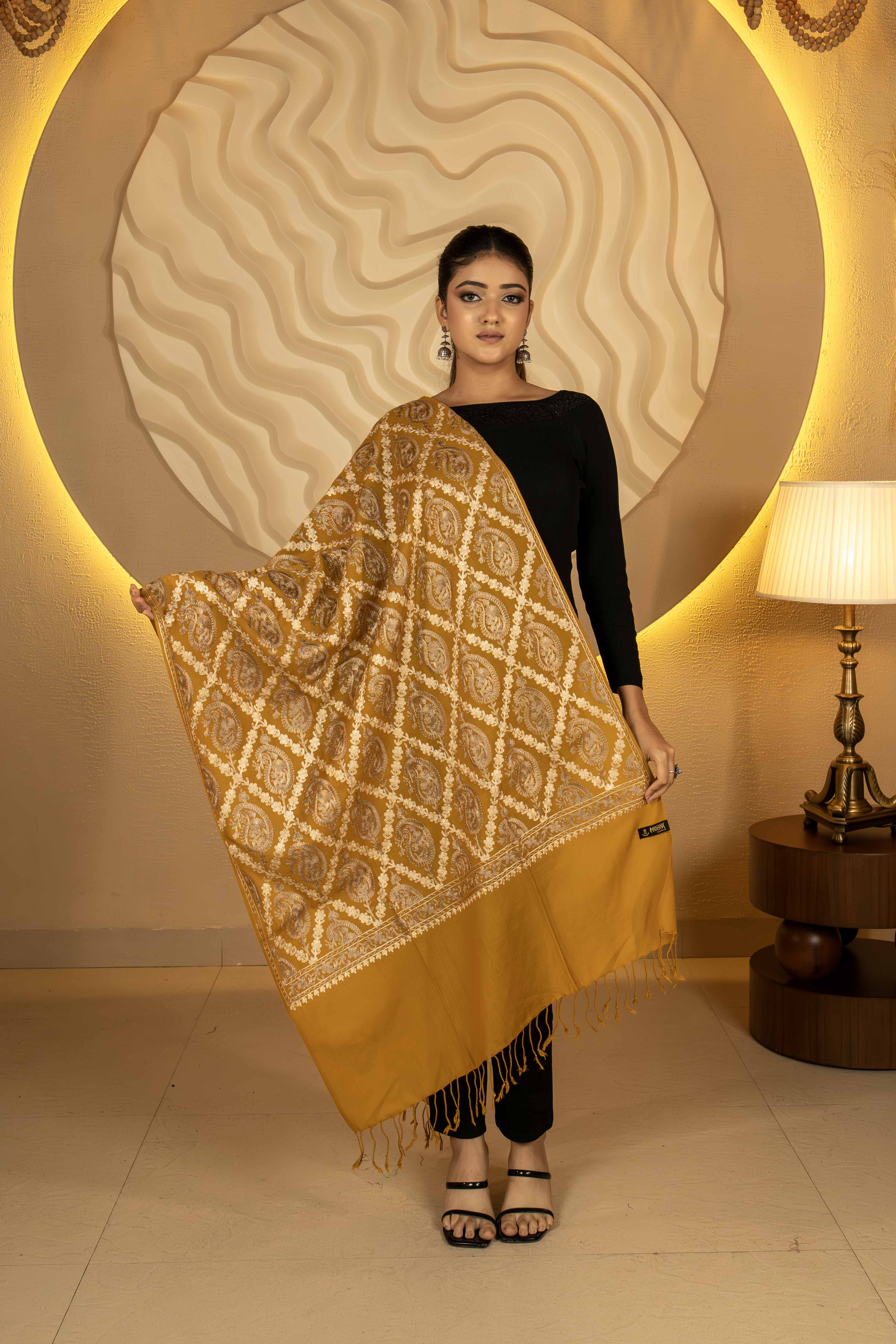Aari Embroidered Ochre Polywool Stole For Women