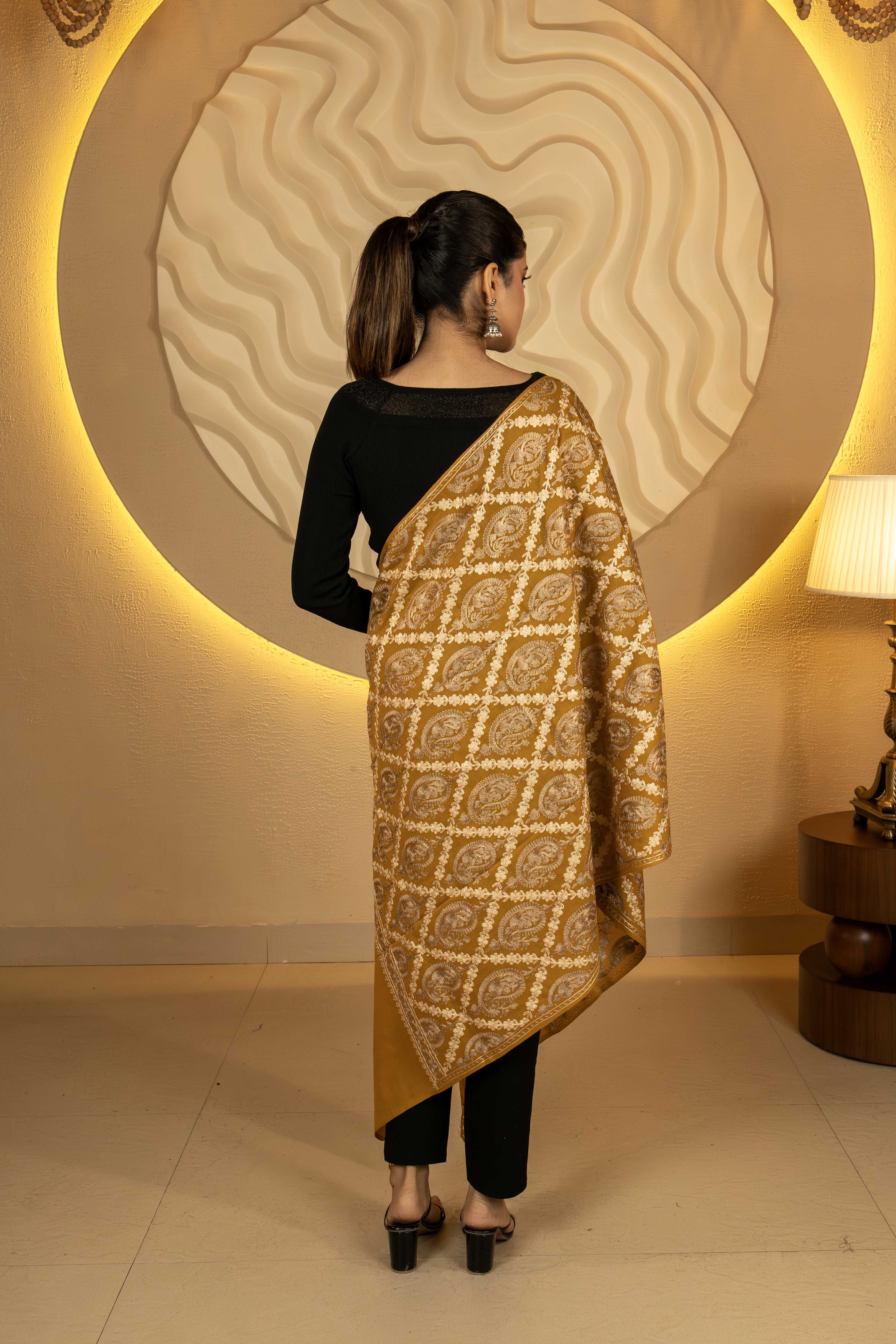 Aari Embroidered Ochre Polywool Stole For Women