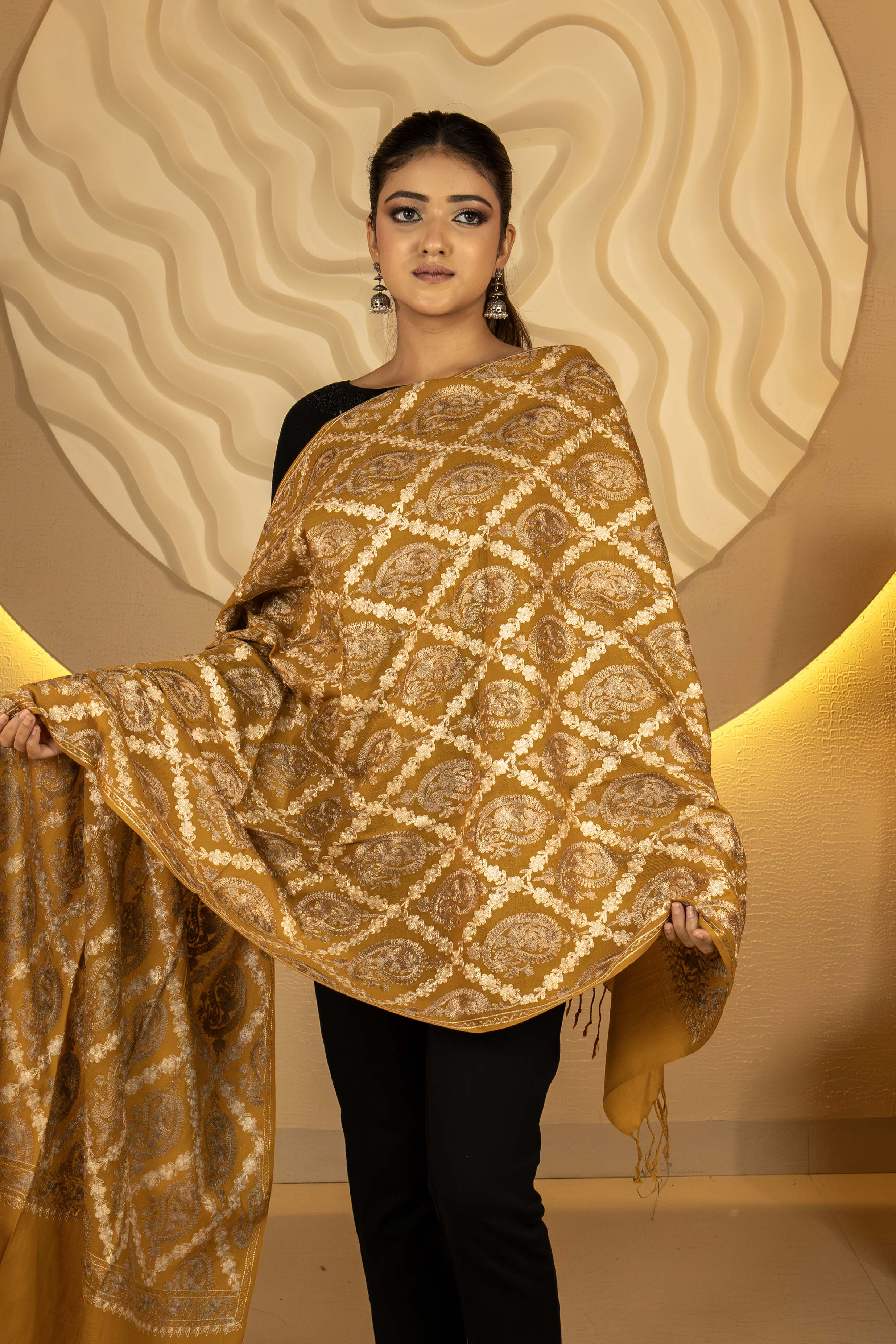 Aari Embroidered Ochre Polywool Stole For Women