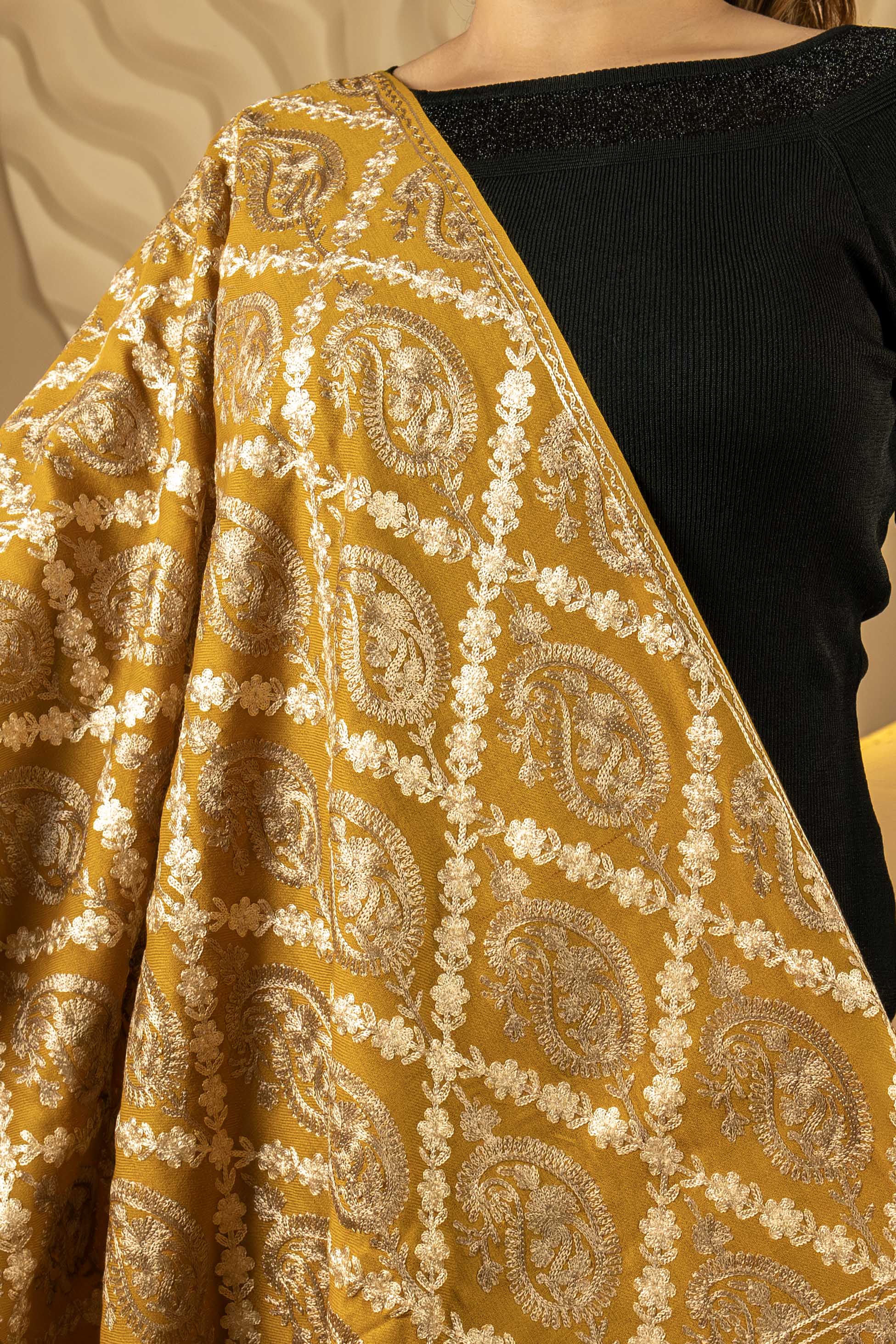 Aari Embroidered Ochre Polywool Stole For Women