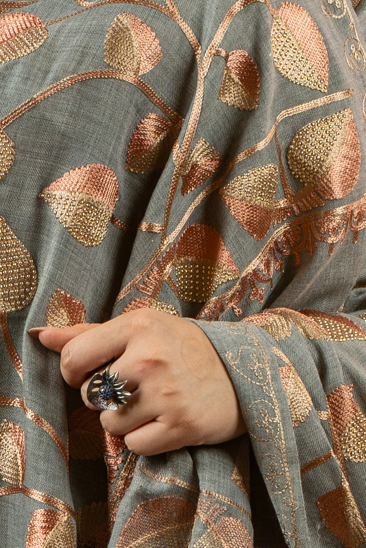 Aari Embroidered Grey Poly Wool Shawl With Swarovski For Women