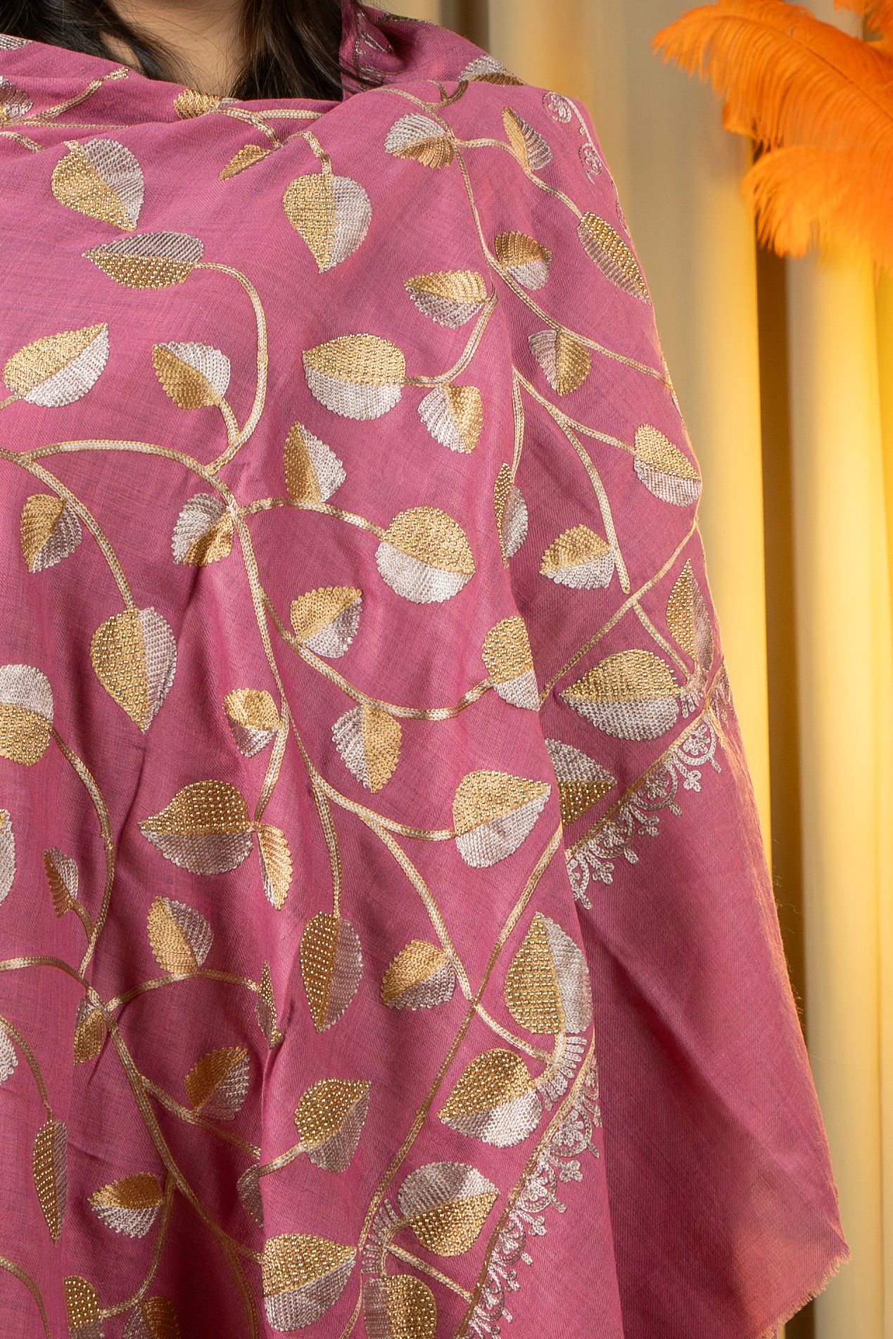 Aari Embroidered Pink Poly Wool Shawl With Swarovski For Women